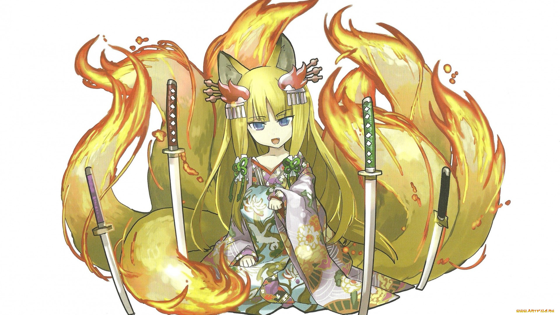 аниме, puzzle, &, dragons, ушки, сидит, кимоно, белый, фон, девочка, game, fox, girl, puzzle, and, dragons, хвосты, катаны