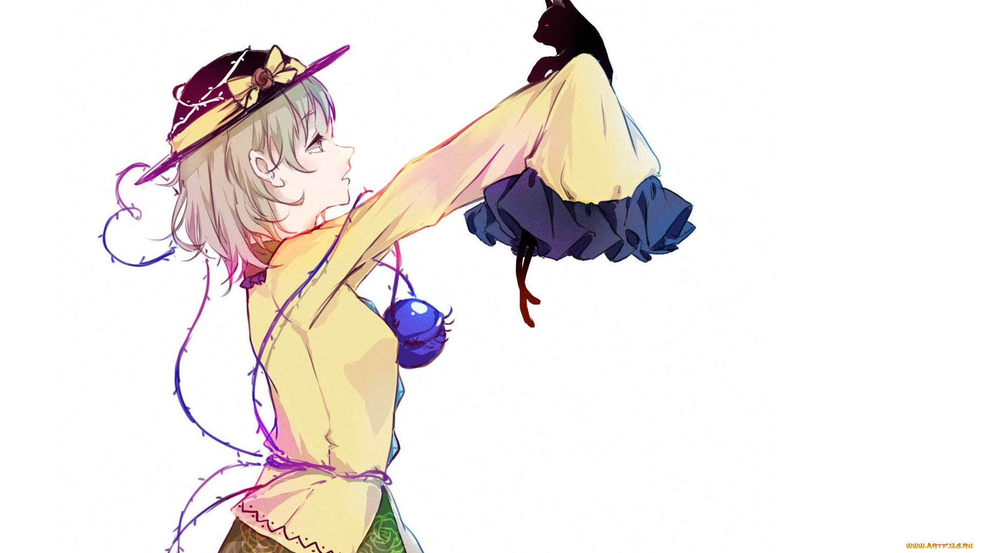 аниме, touhou, art, kagari, rin, kaenbyou, черная, кошка, два, хвостика, бант, project, komeiji, koishi, профиль, белый, фон, шляпа, проект, восток