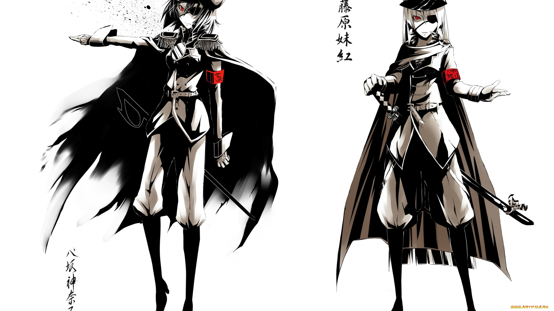 аниме, touhou, галифе, черные, сапоги, fujiwara, no, mokou, проект, восток, bisuke, project, yasaka, kanako, военная, форма, art, повязка, на, глаз, сабля, катана, фуражка, красные, глаза