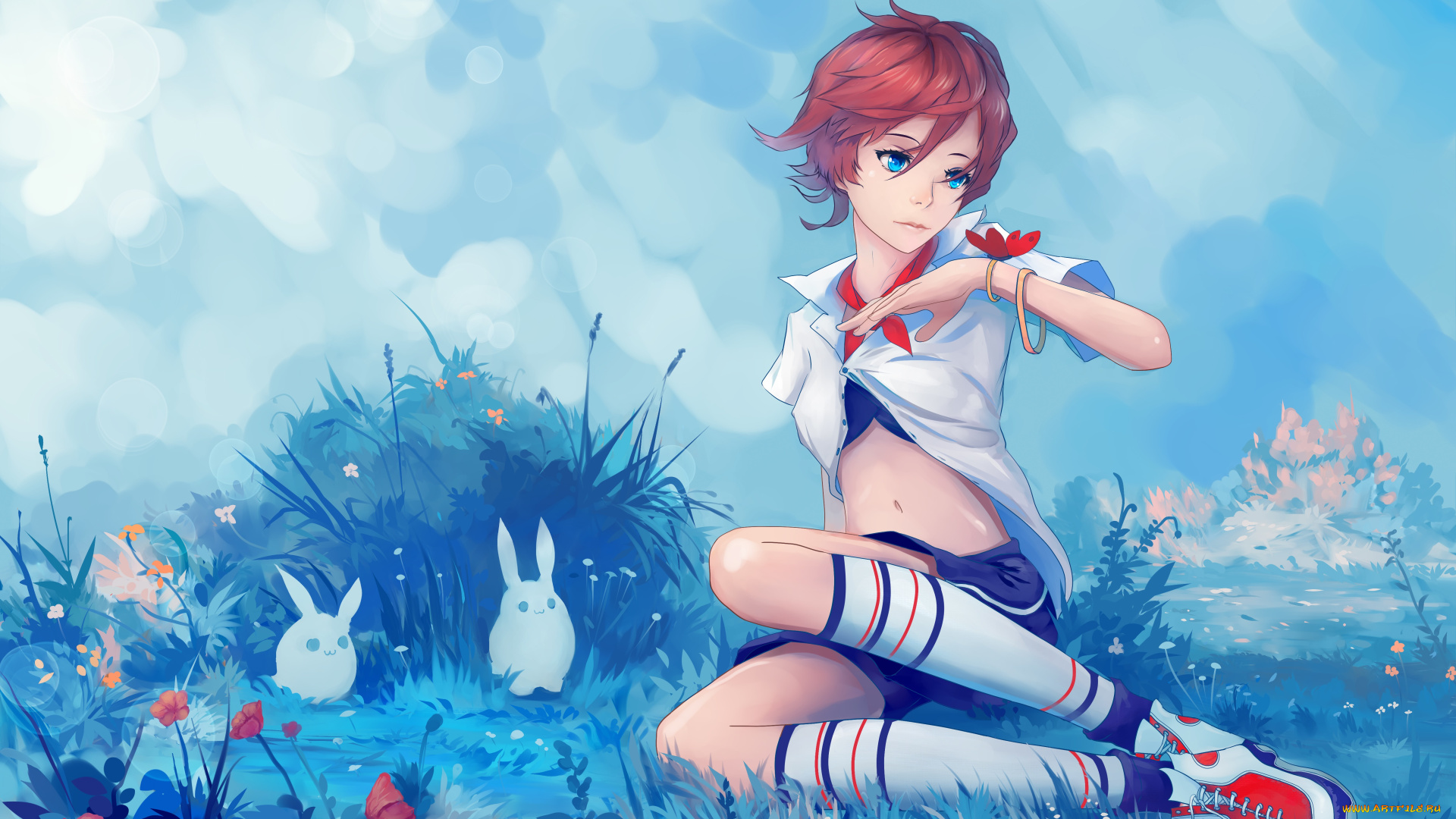 аниме, unknown, , другое, бабочка, поза, природа, синие, глаза, девушка, взгляд, арт, стрижка