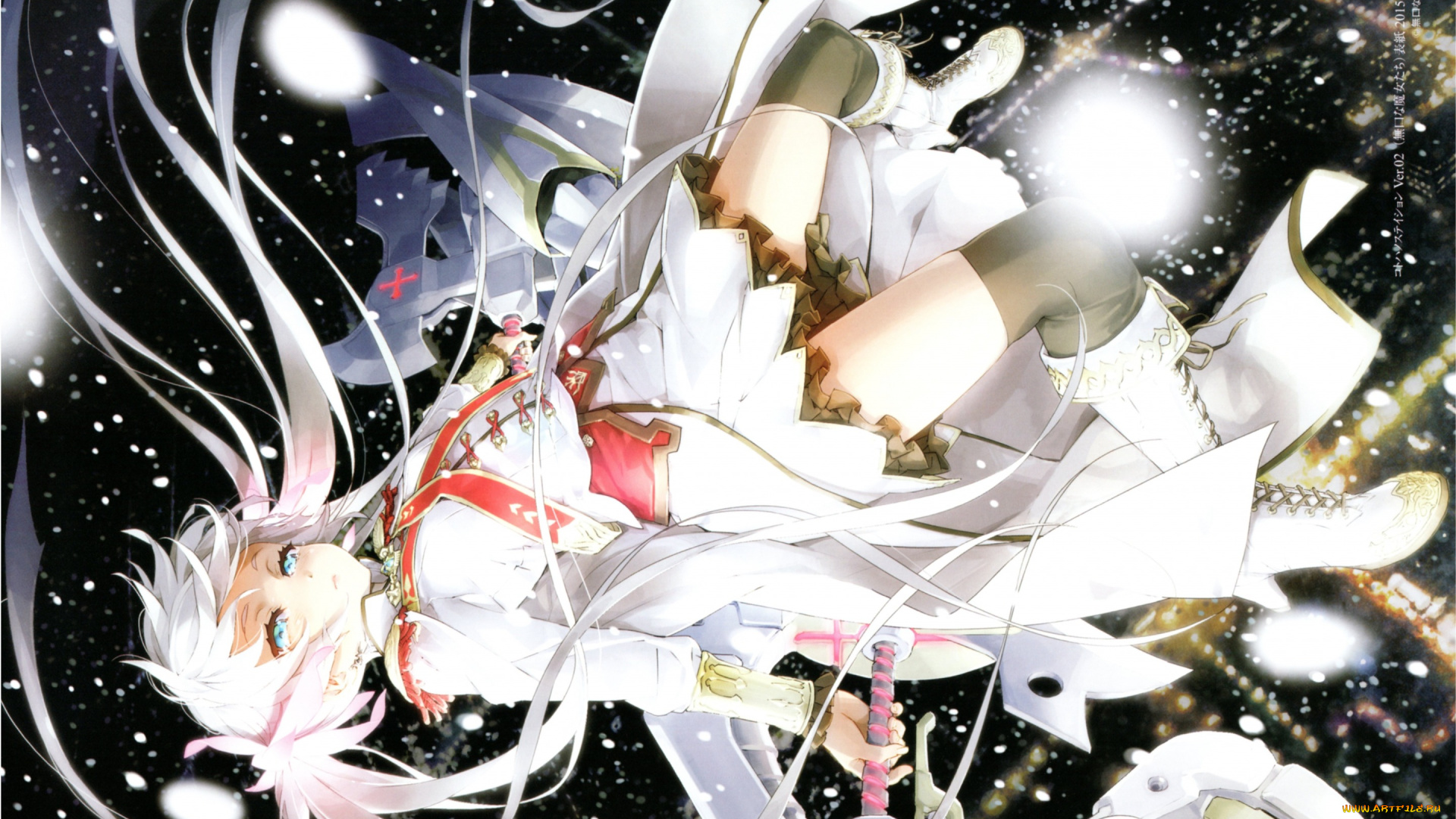 аниме, unknown, , другое, чулки, катана, happoubijin, длинные, белые, волосы, шнуровка, звездное, небо, военная, форма, сапоги, девочка, art