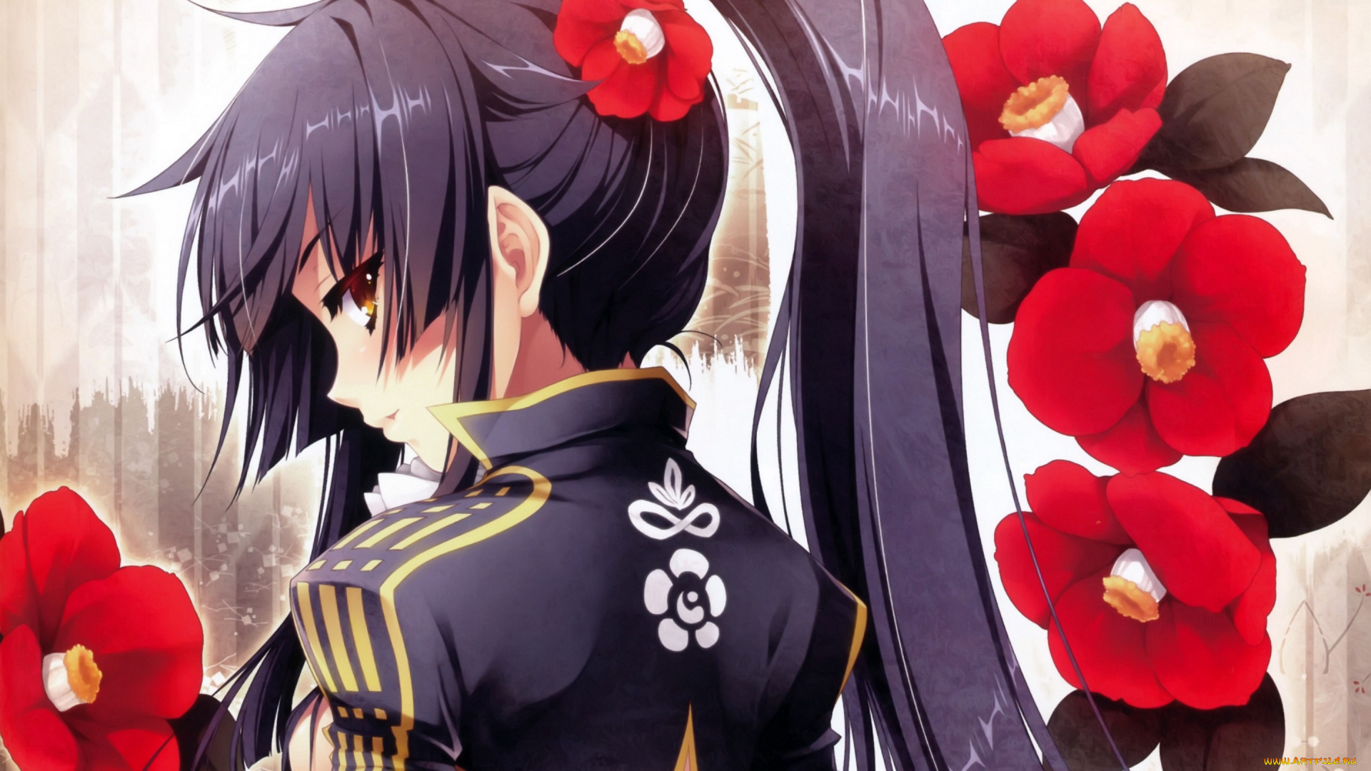 аниме, unknown, , другое, длинные, волосы, красные, девочка, спина, hinata, katagiri, полоборота, art, камелии