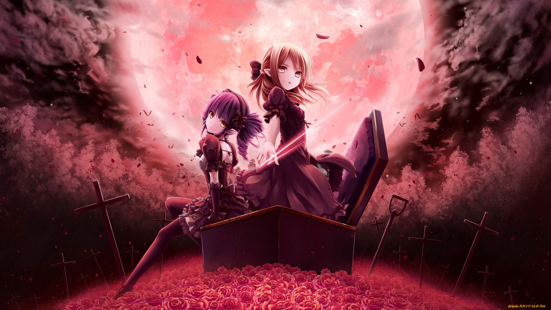 аниме, unknown, , другое, вампиры, кладбище, пробуждение, полнолуние, гроб, кровавая, луна, летучие, мыши, кресты, тучи, ночь, черная, магия