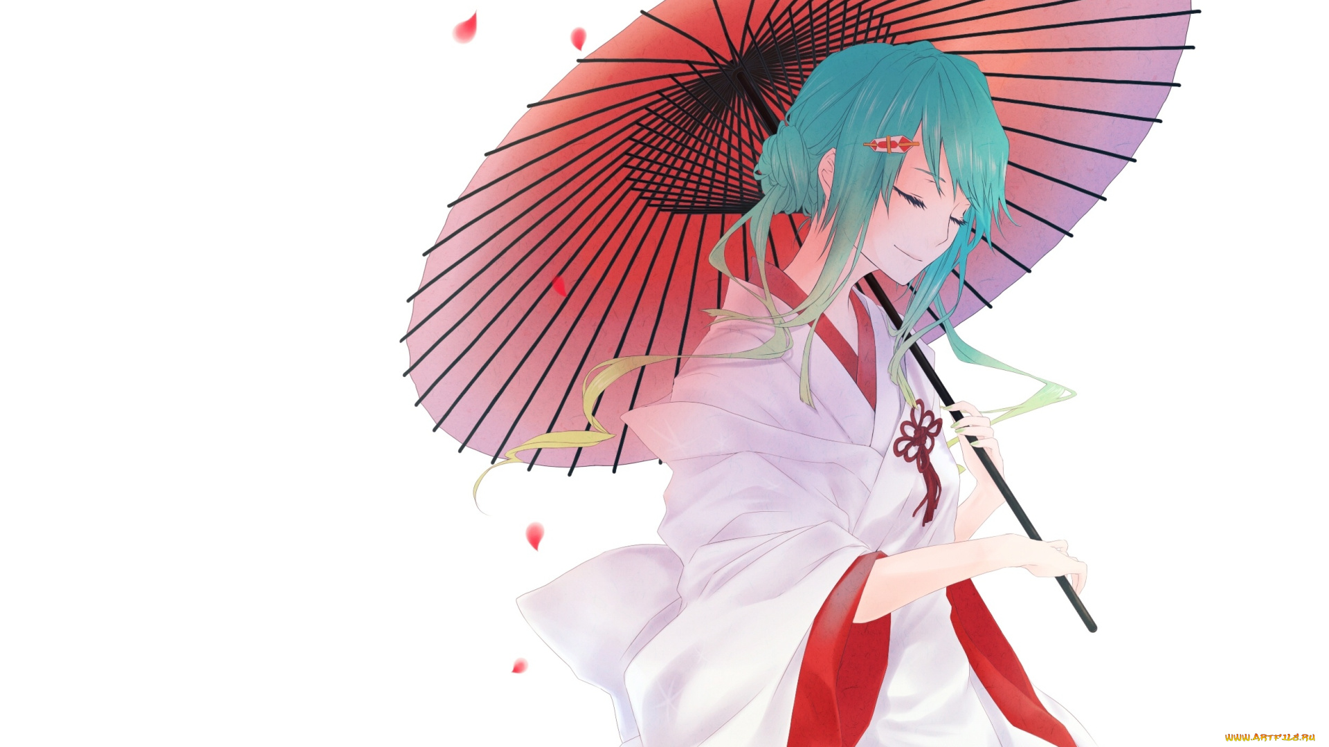 аниме, vocaloid, кимоно, белый, фон, закрытые, глаза, заколка, голубые, волосы, лепестки, зонт, вокалоид, hatsune, miku