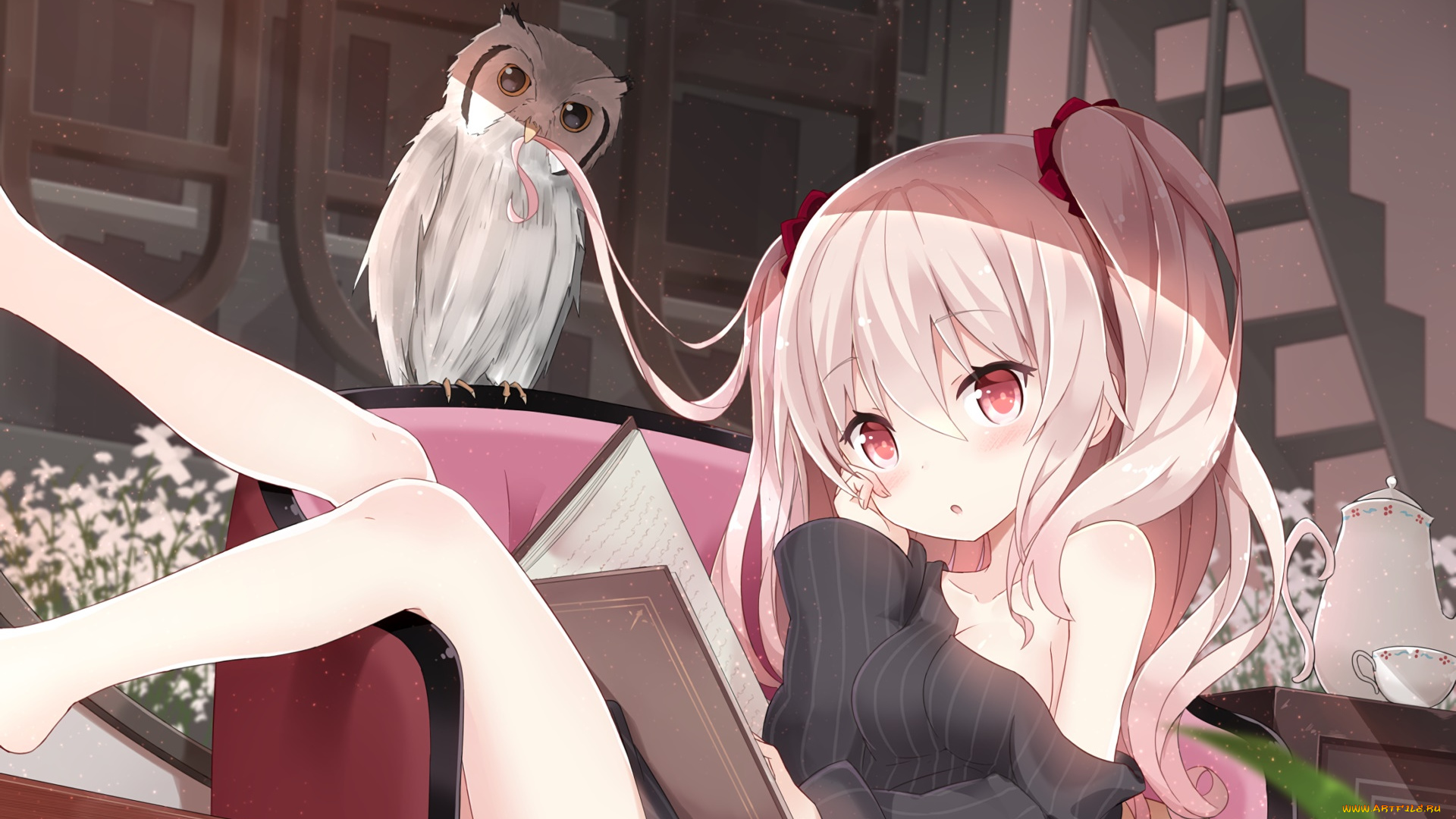 аниме, животные, , существа, девушка, взгляд, фон