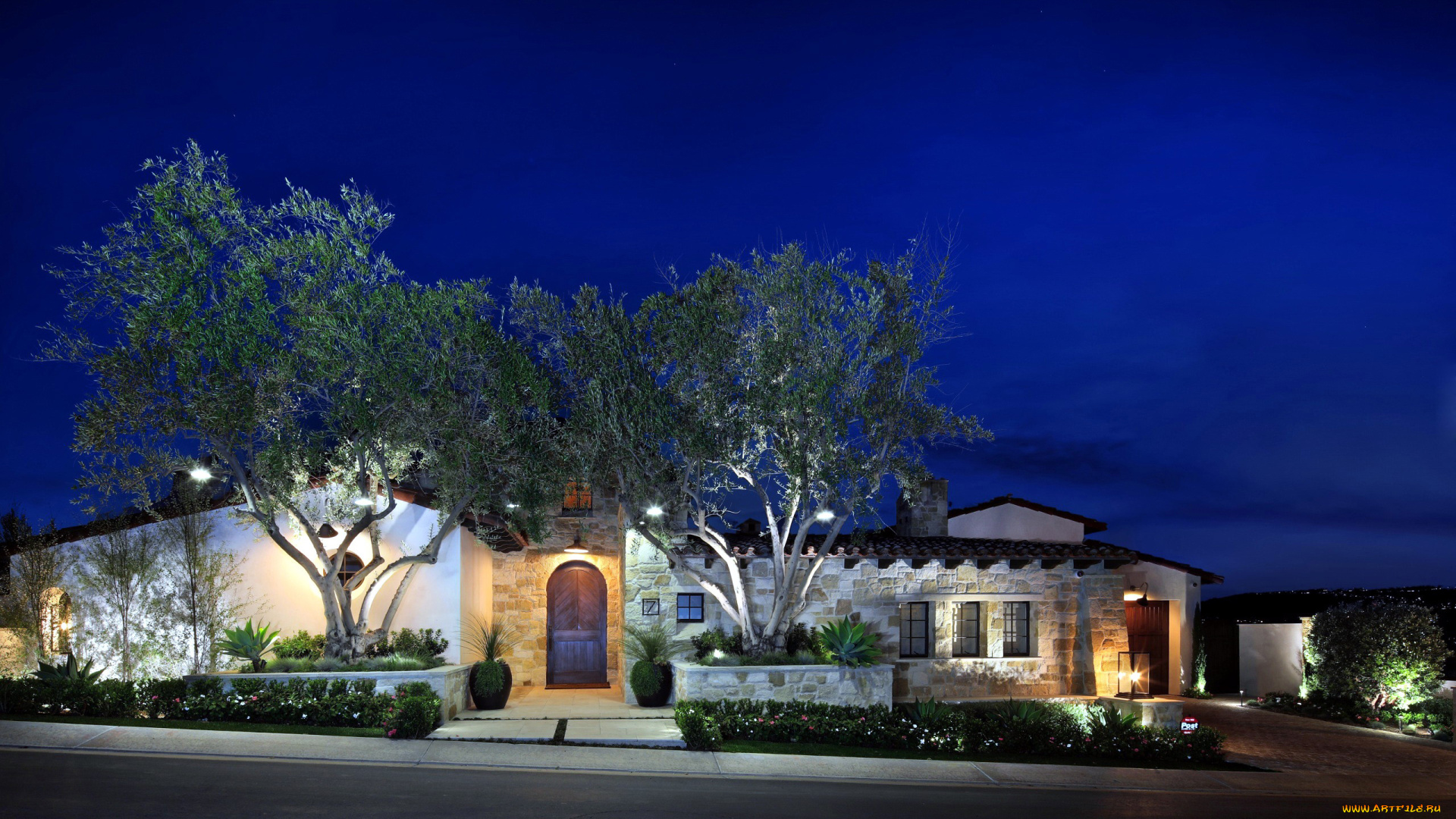 города, -, здания, , дома, клумбы, дом, фонари, вечер