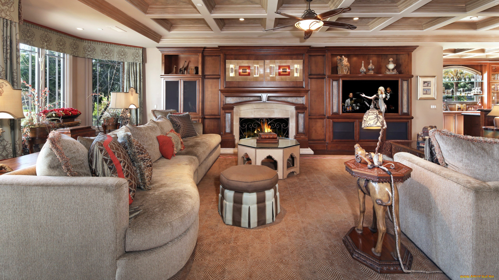 интерьер, гостиная, уют, диван, камин