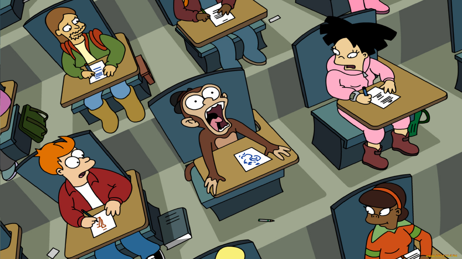 мультфильмы, futurama, аудитория, столы, люди, обезьяна