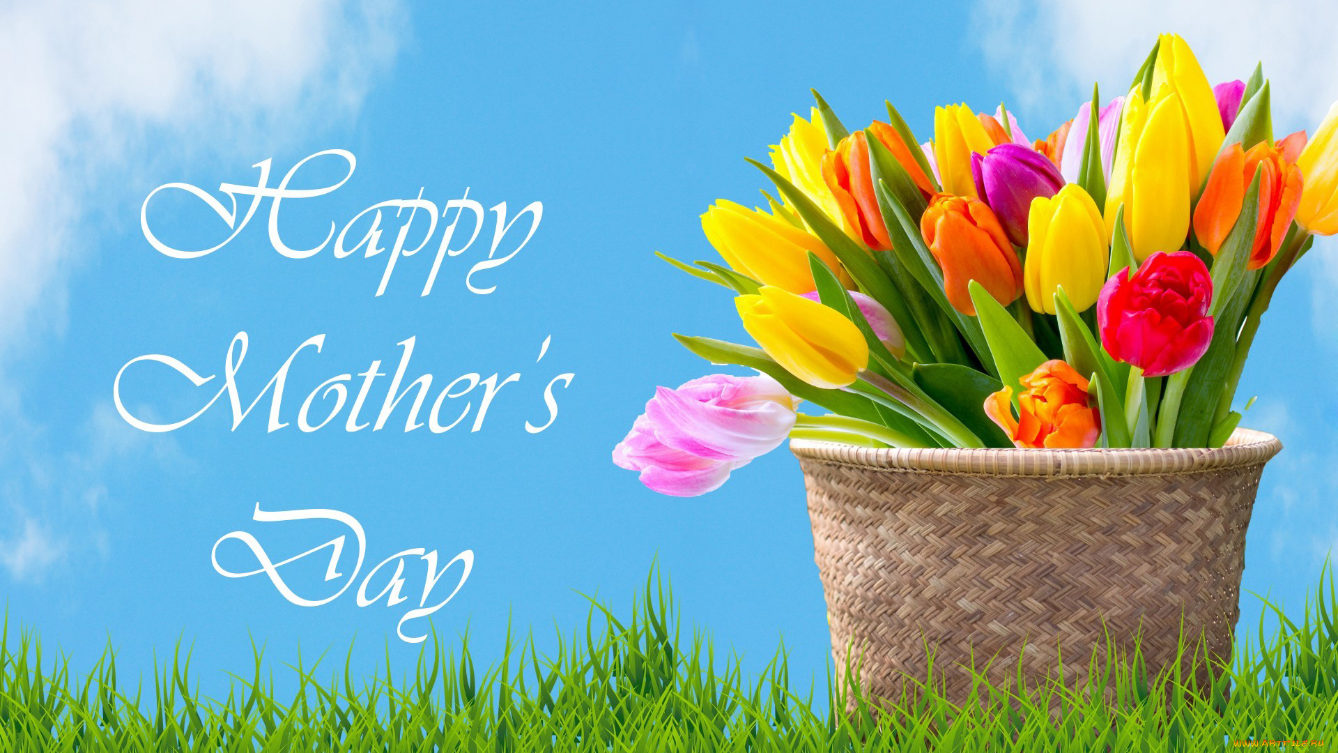 праздничные, день, матери, тюльпаны, пожелание, корзинка, надпись