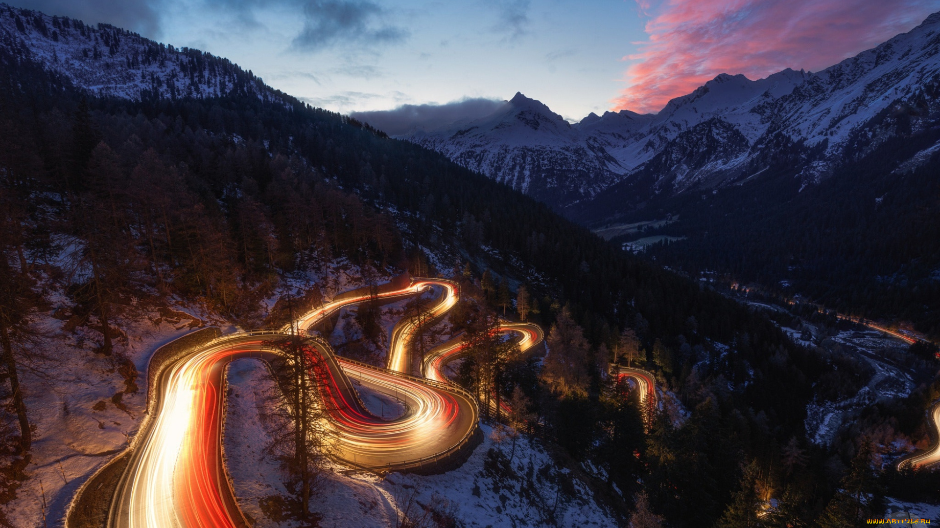природа, дороги, выдержка, вечер, огни, ночь, горы, снег, небо, дорога, зима