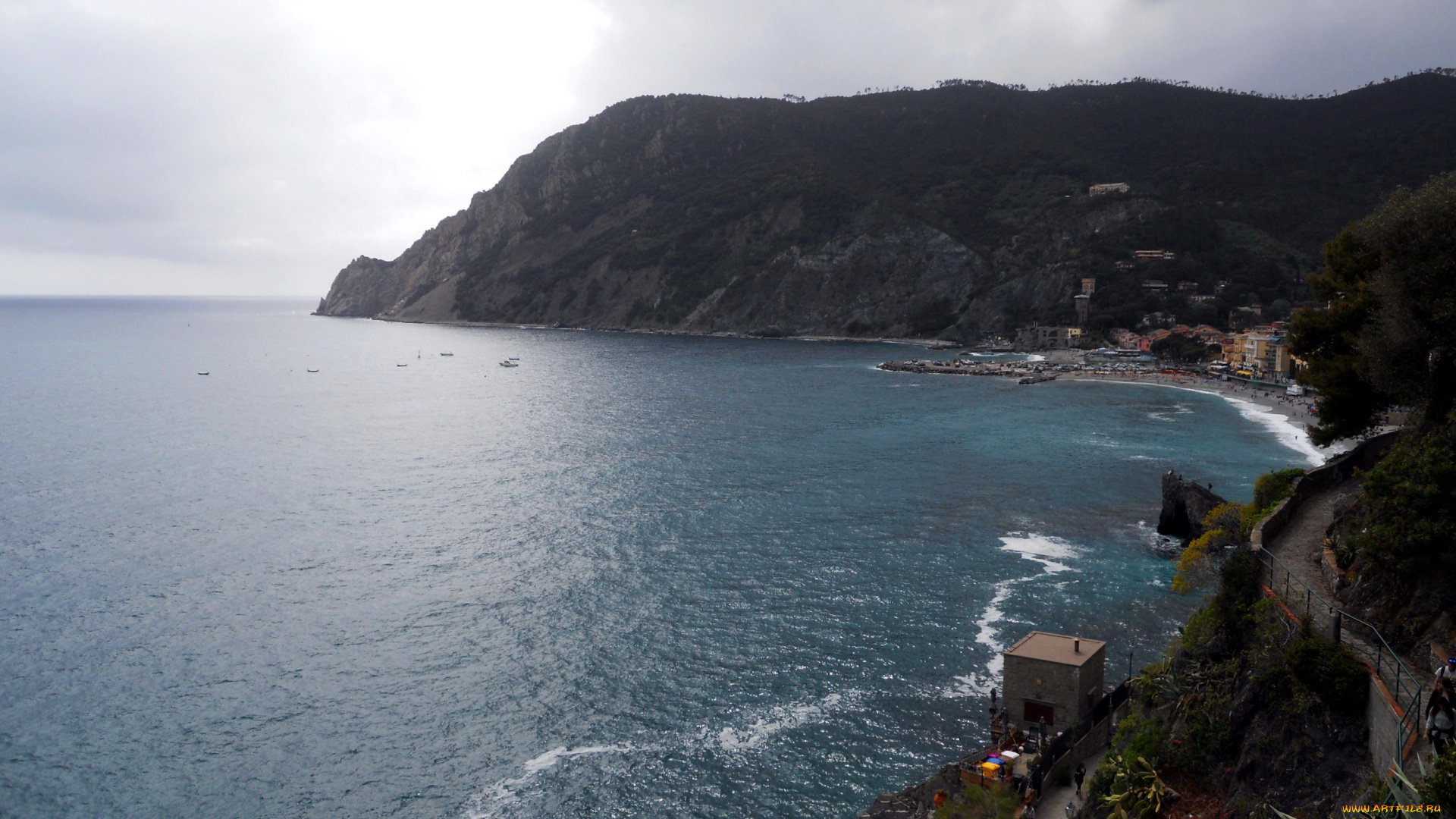 природа, побережье, залив, горы