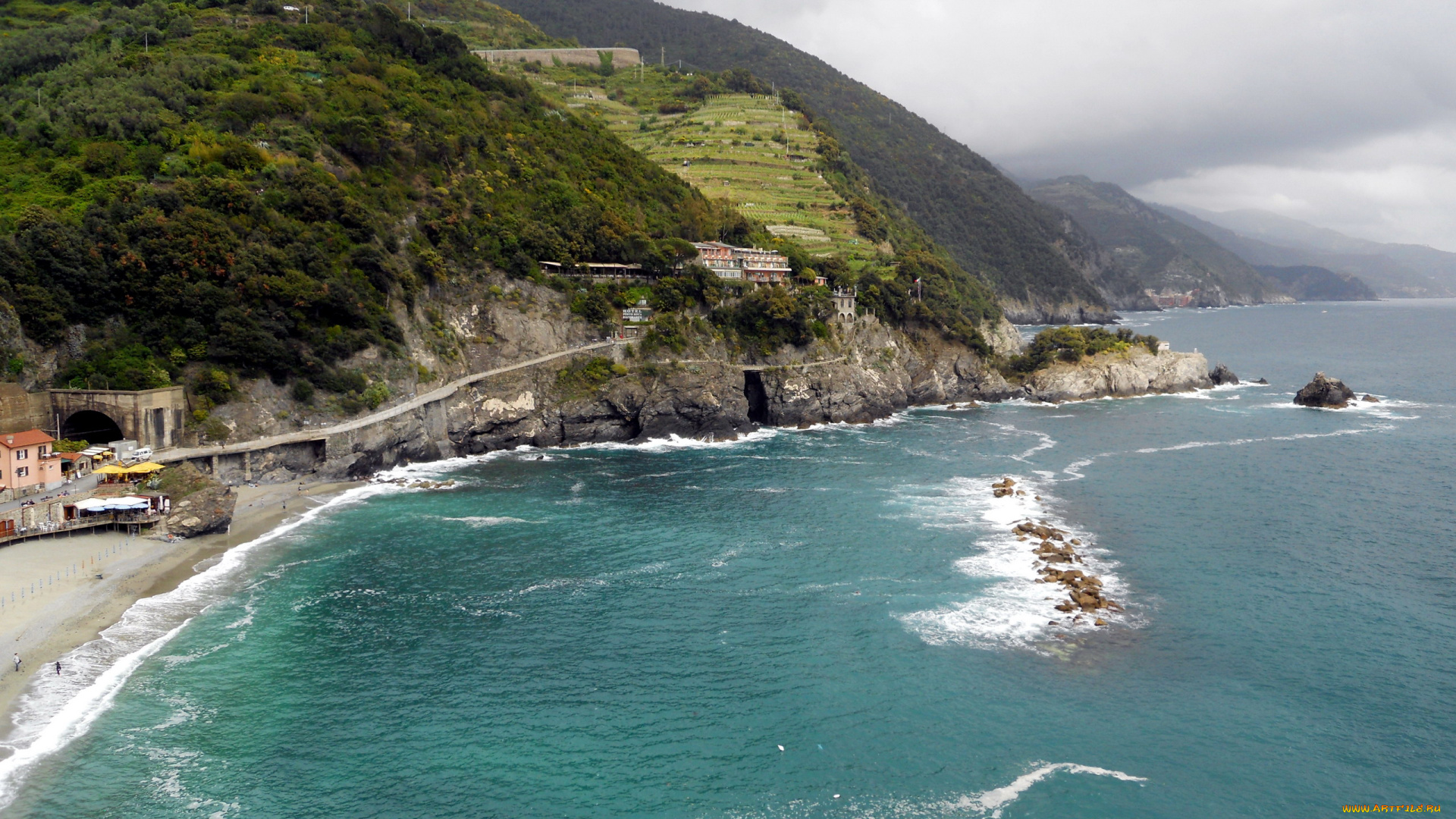 природа, побережье, залив, горы