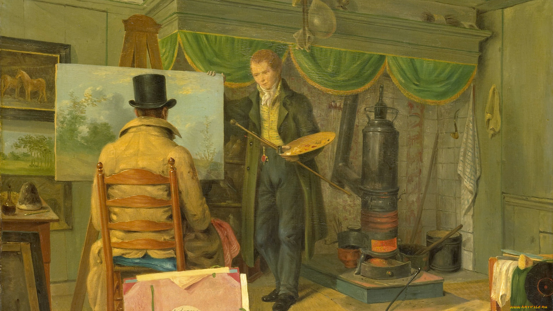 рисованное, живопись, холст, интерьер, картина, масло, энтони, оберман, художник, в, своей, студии