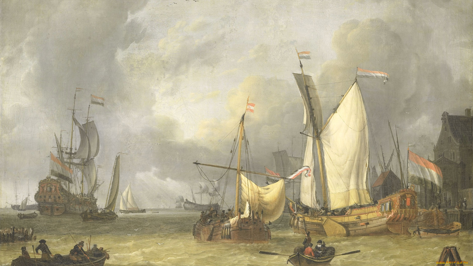 рисованное, живопись, масло, jan, claesz, rietschoof, морской, пейзаж, холст, парус, картина, свежий, ветер, корабли, в, гавани