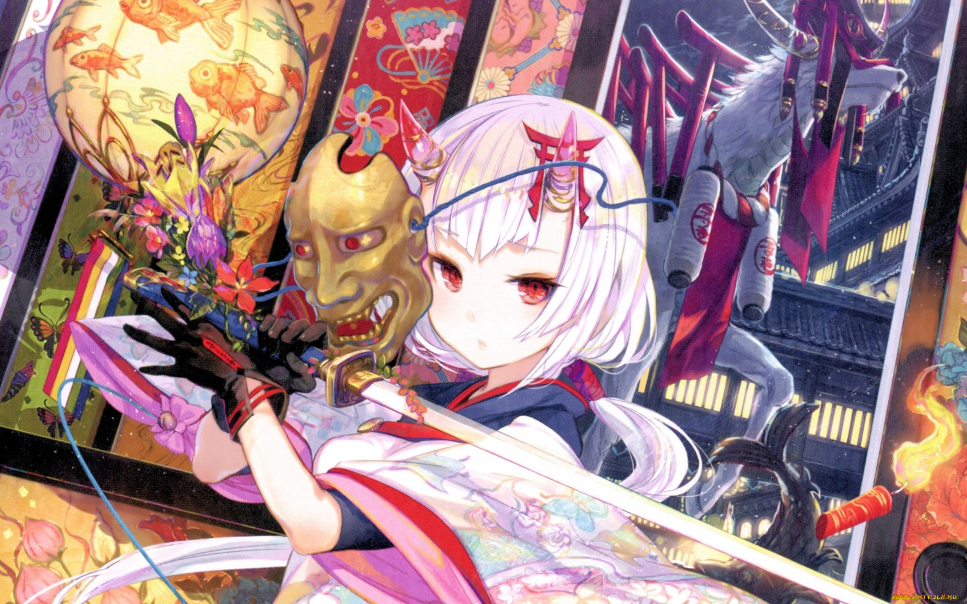 аниме, оружие, , техника, , технологии, маска, ворота, тории, олень, катана, fujiwara, красные, глаза, art, ёкай, узор, рога, фонари