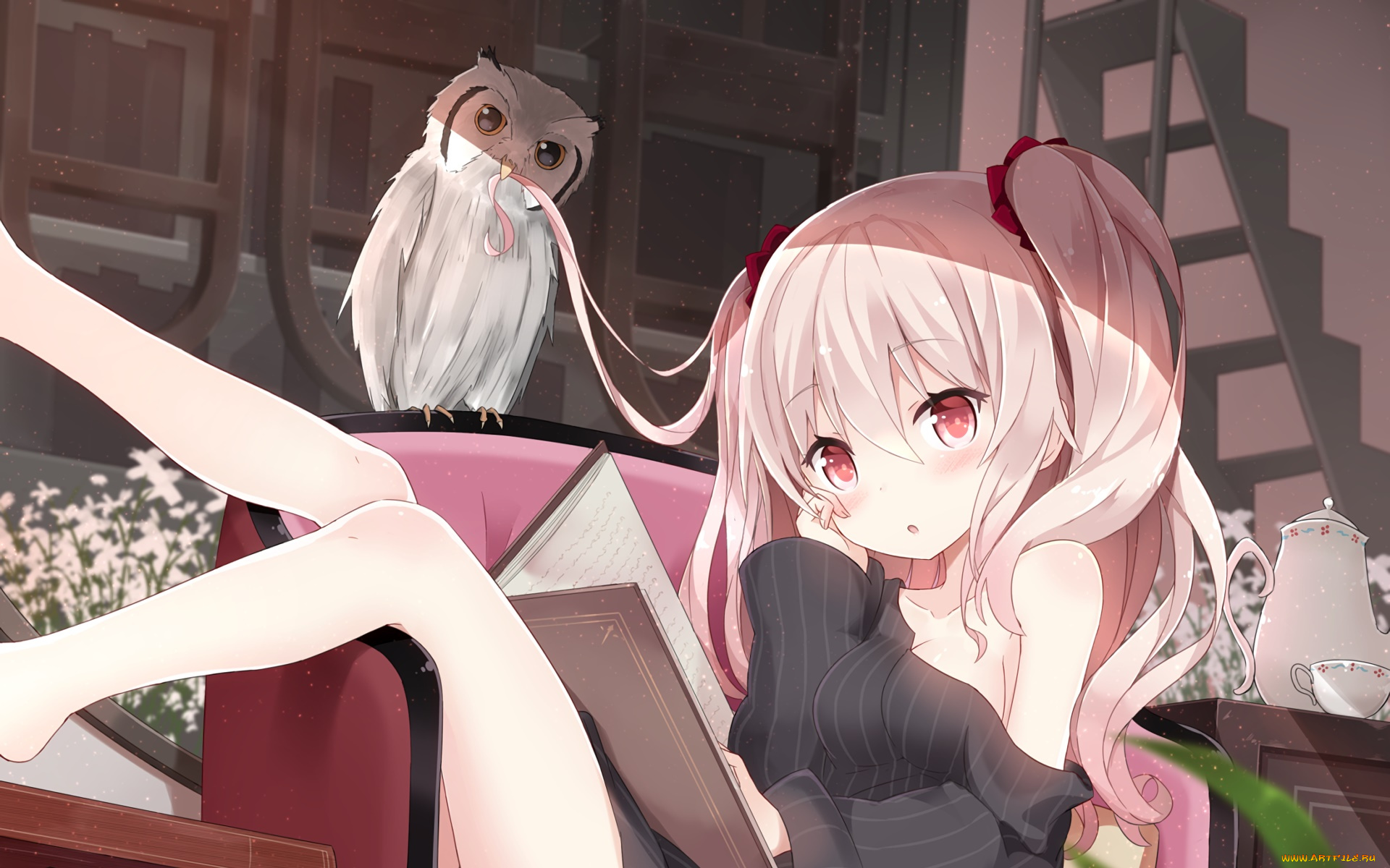 аниме, животные, , существа, девушка, взгляд, фон