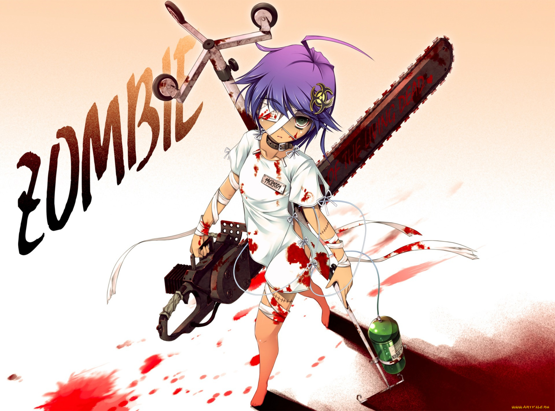 аниме, оружие, , техника, , технологии, бензопила, chima, бинты, повязка, на, глаз, пациентка, шрам, art, zombie, лужа, крови, капельница