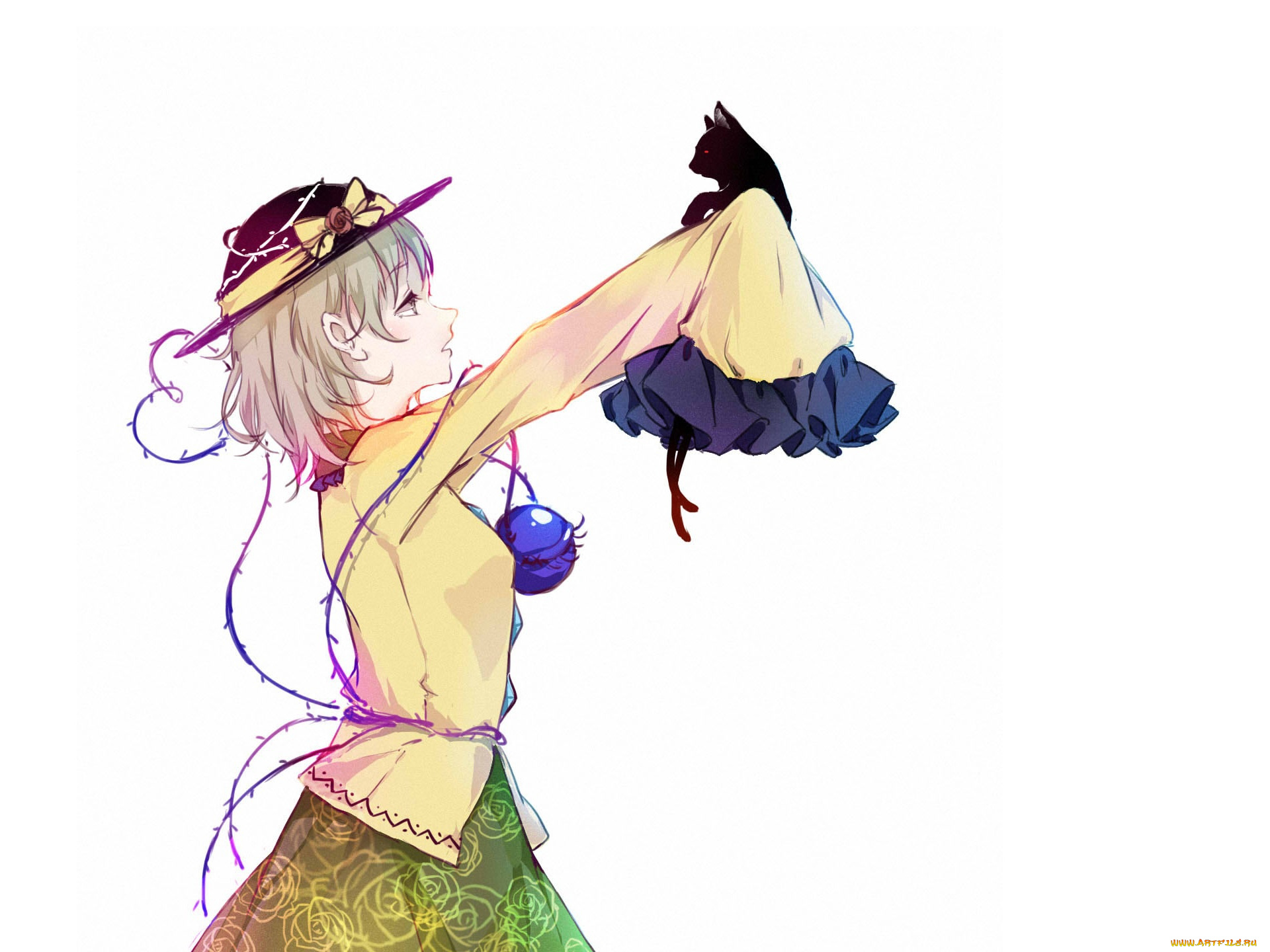 аниме, touhou, art, kagari, rin, kaenbyou, черная, кошка, два, хвостика, бант, project, komeiji, koishi, профиль, белый, фон, шляпа, проект, восток