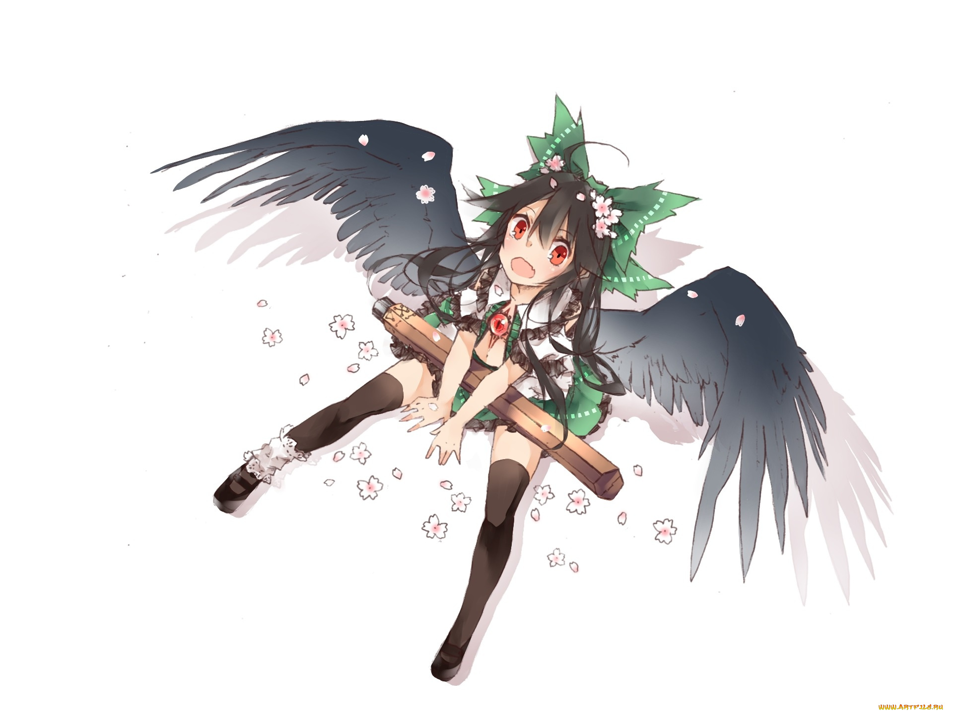 аниме, touhou, project, reiuji, utsuho, черные, крылья, смотрит, вверх, цветочки, белый, фон, чулки, art, третий, глаз, тень, сидит, проект, восток