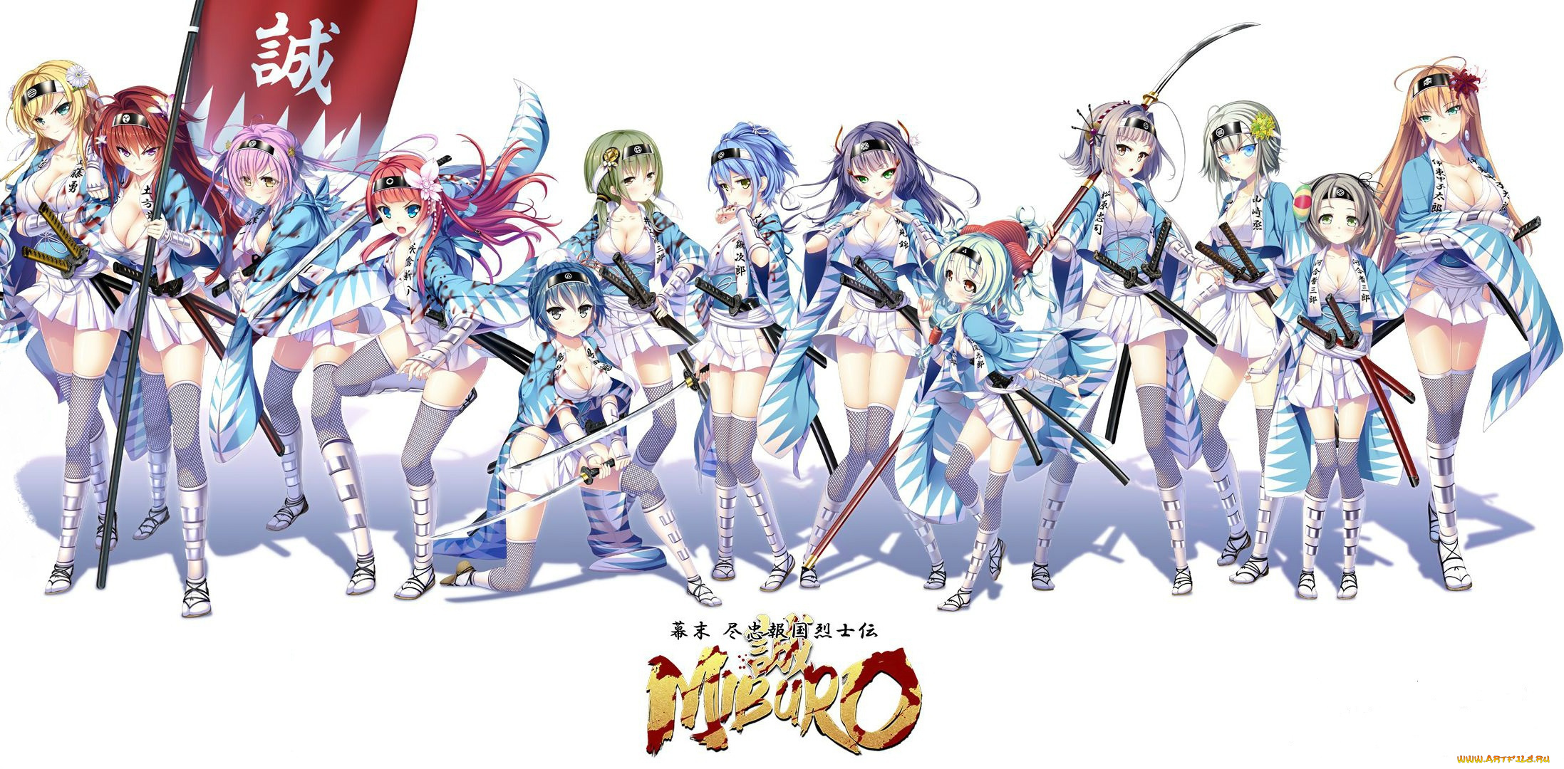 аниме, miburo, кровь, отряд, art, длинные, волосы, повязка, на, лоб, shinsengumi, visual, novel, белый, фон, чулки, веер, мини-юбка, бойкие, девчонки, знамя, nui, вакидзаси, катаны