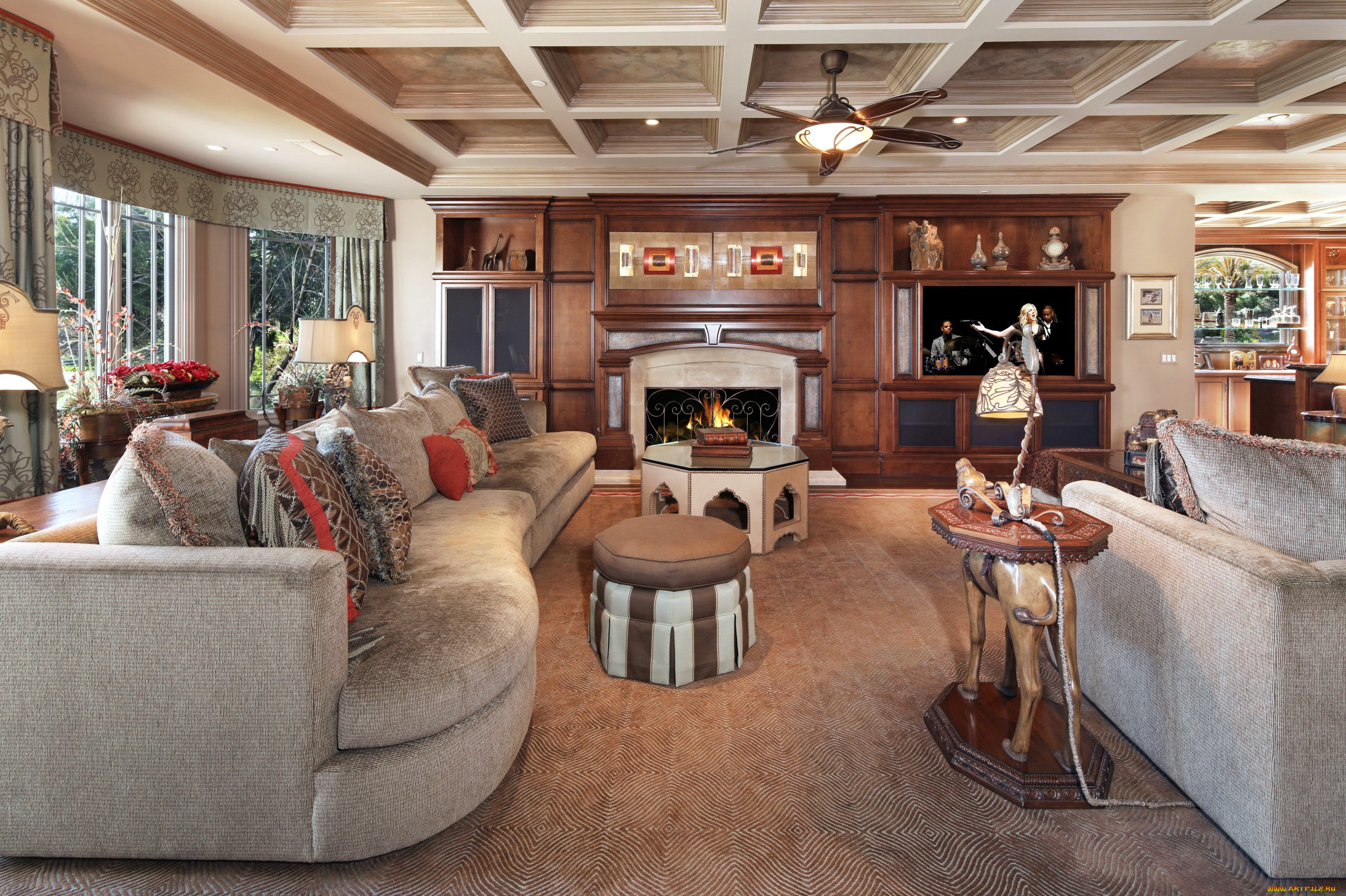 интерьер, гостиная, уют, диван, камин