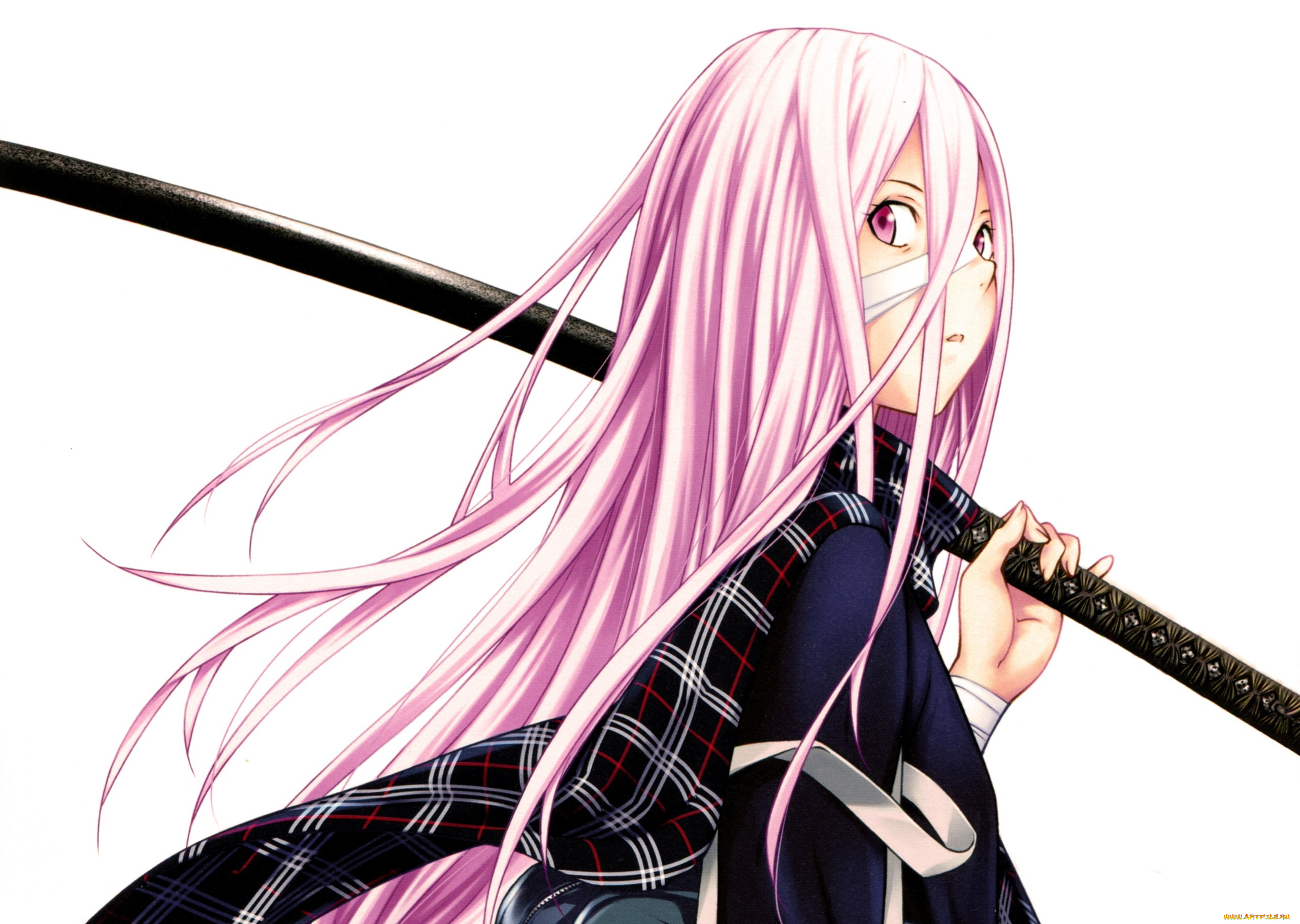 аниме, ikki, tousen, белый, фон, школьница, шарф, бинт, школьные, войны, катана, ikki, tousen, yuji, shiozaki, розовые, волосы, art, полоборота