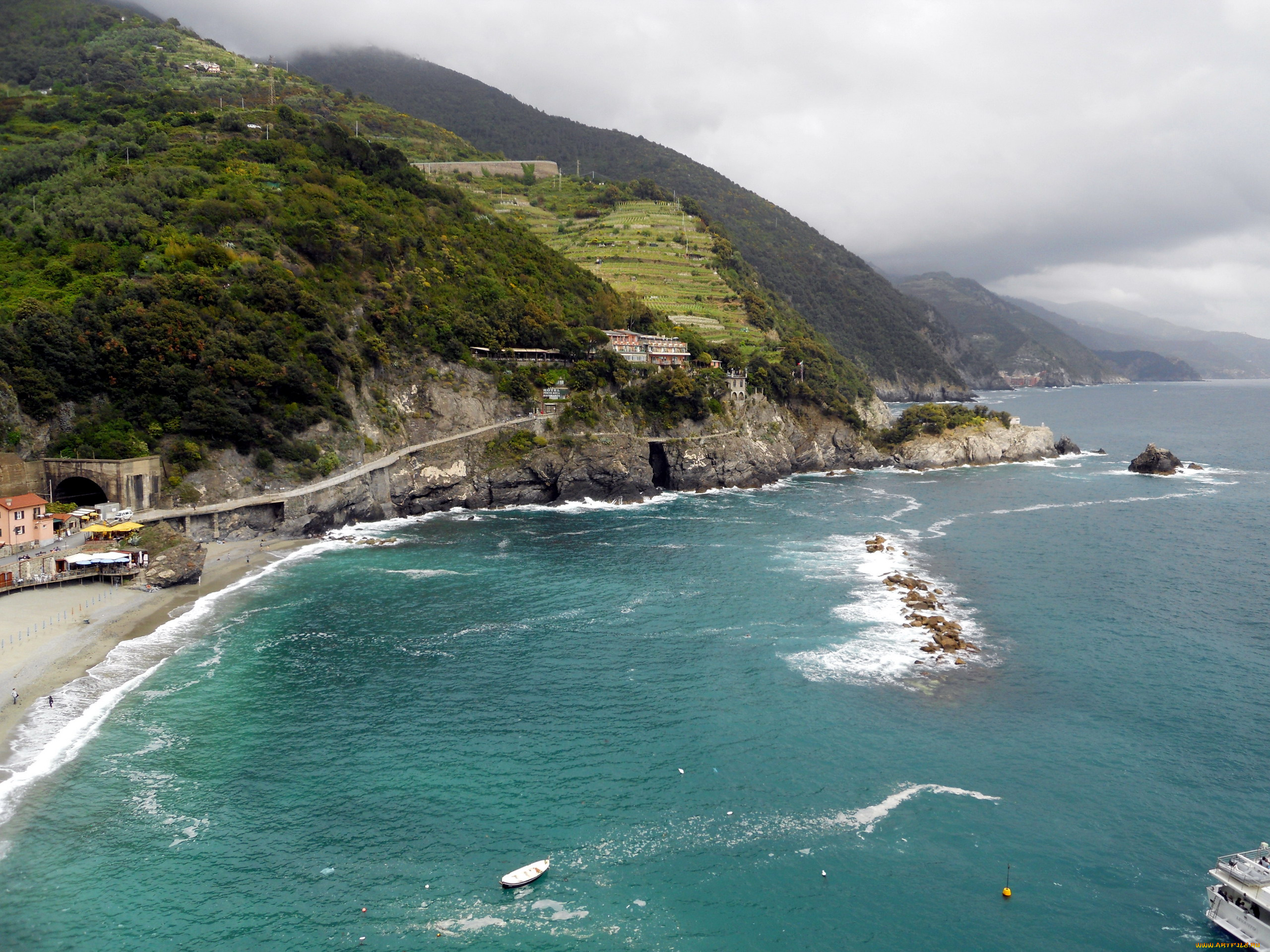 природа, побережье, залив, горы