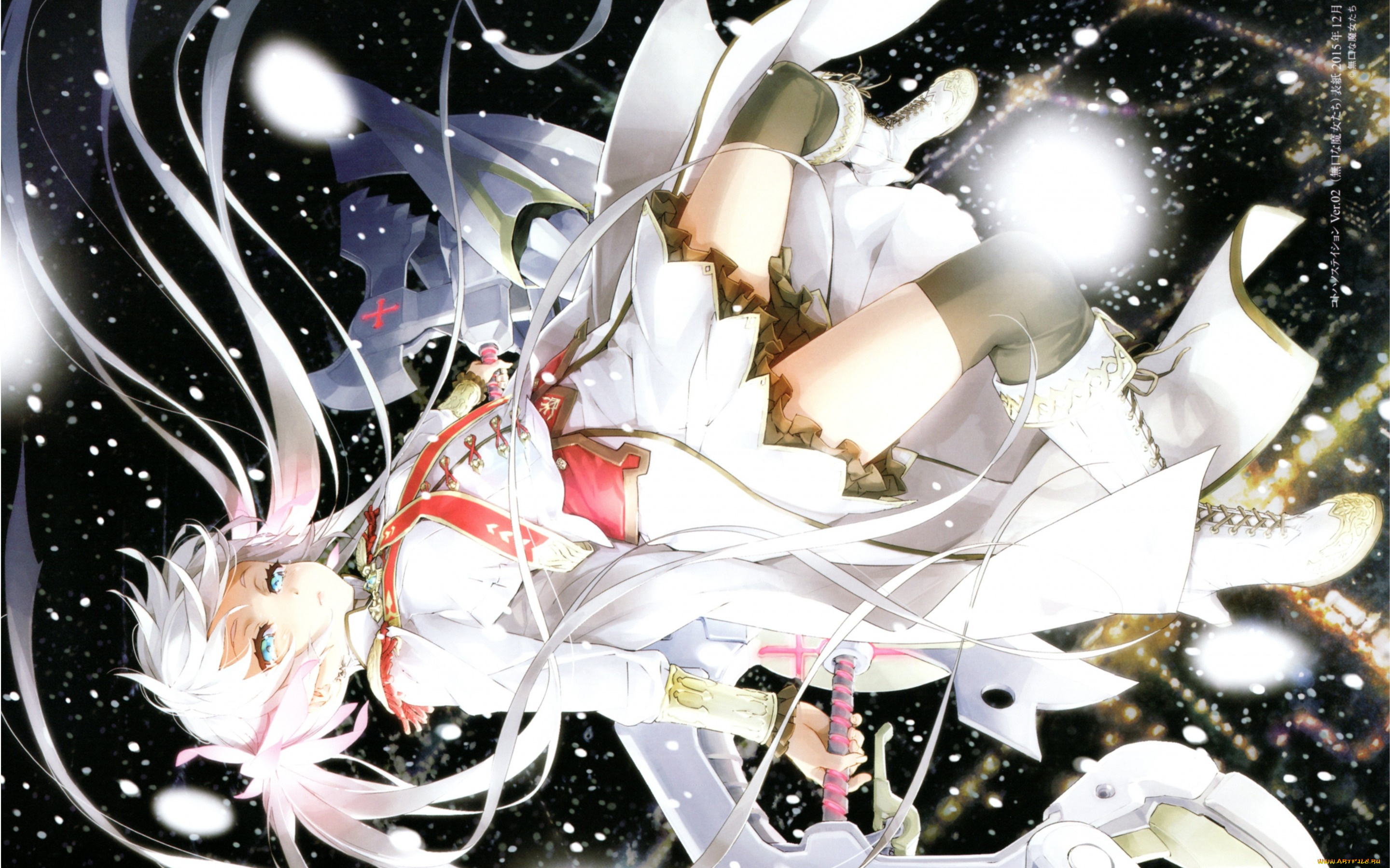 аниме, unknown, , другое, чулки, катана, happoubijin, длинные, белые, волосы, шнуровка, звездное, небо, военная, форма, сапоги, девочка, art