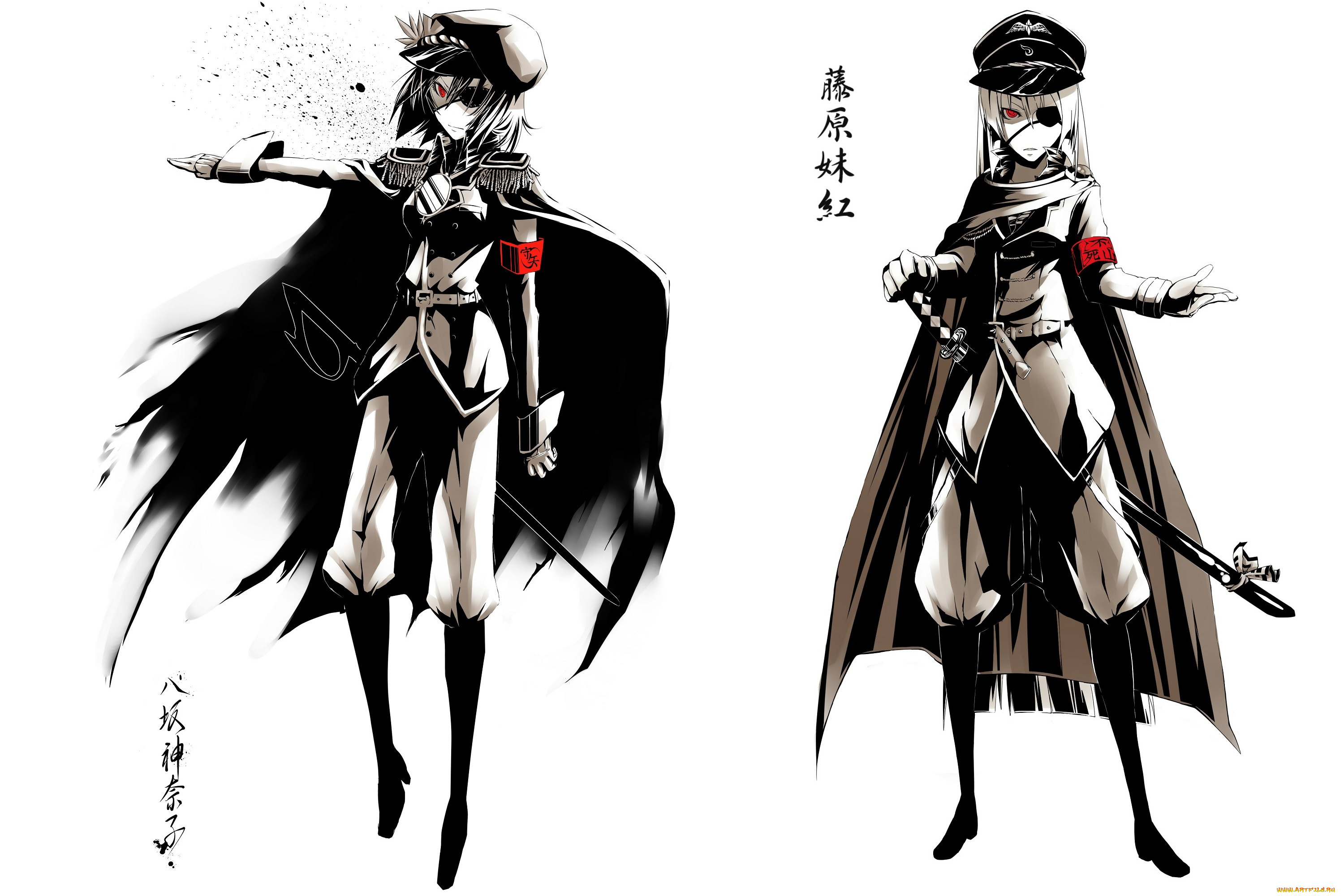 аниме, touhou, галифе, черные, сапоги, fujiwara, no, mokou, проект, восток, bisuke, project, yasaka, kanako, военная, форма, art, повязка, на, глаз, сабля, катана, фуражка, красные, глаза