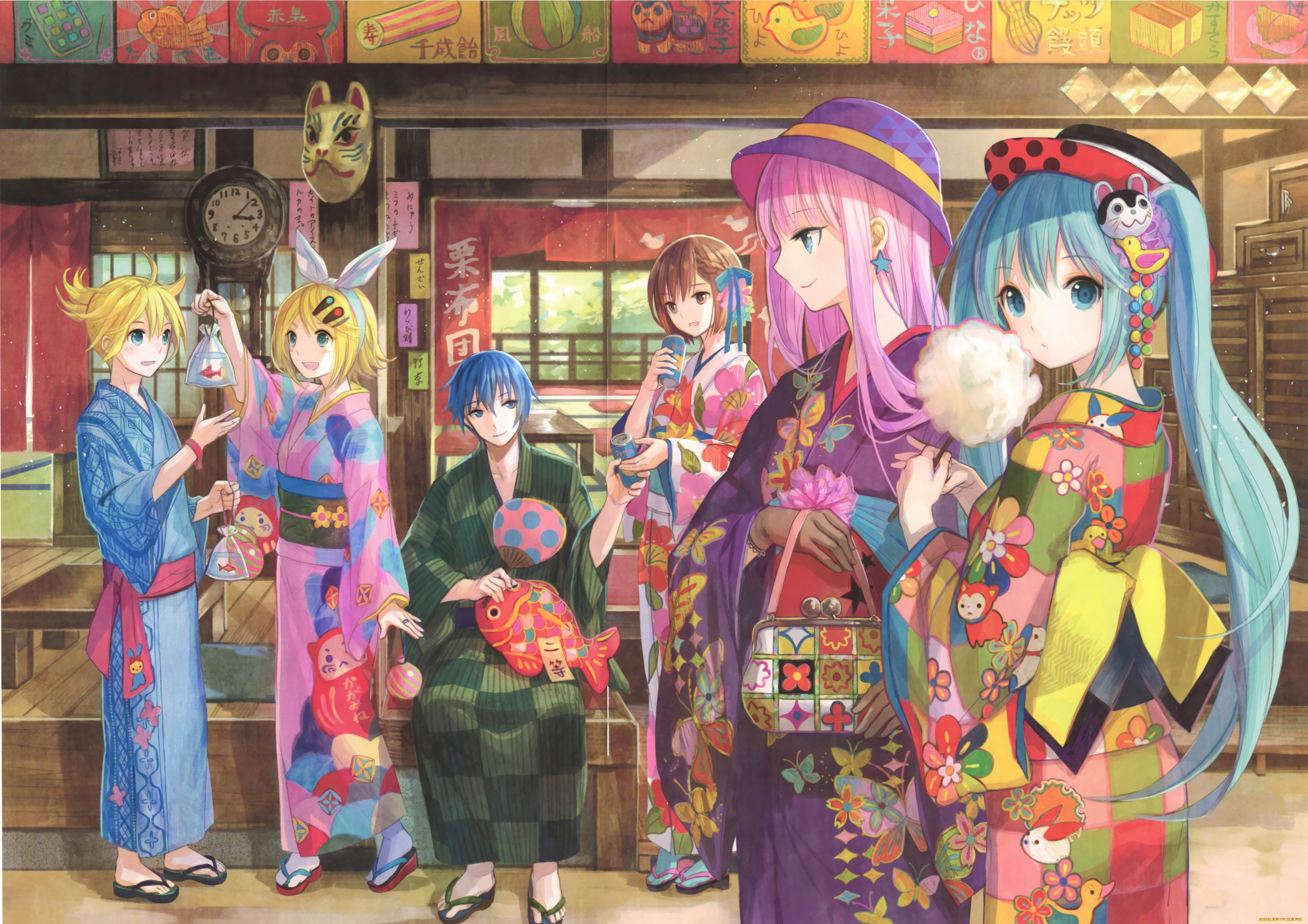 аниме, vocaloid, праздник, fujiwara, kaito, shion, sakine, meiko, сладкая, вата, kagamine, len, вокалоиды, megurine, luka, art, rin, hatsune, miku, кимоно, маска, шляпа, часы, лето, узор