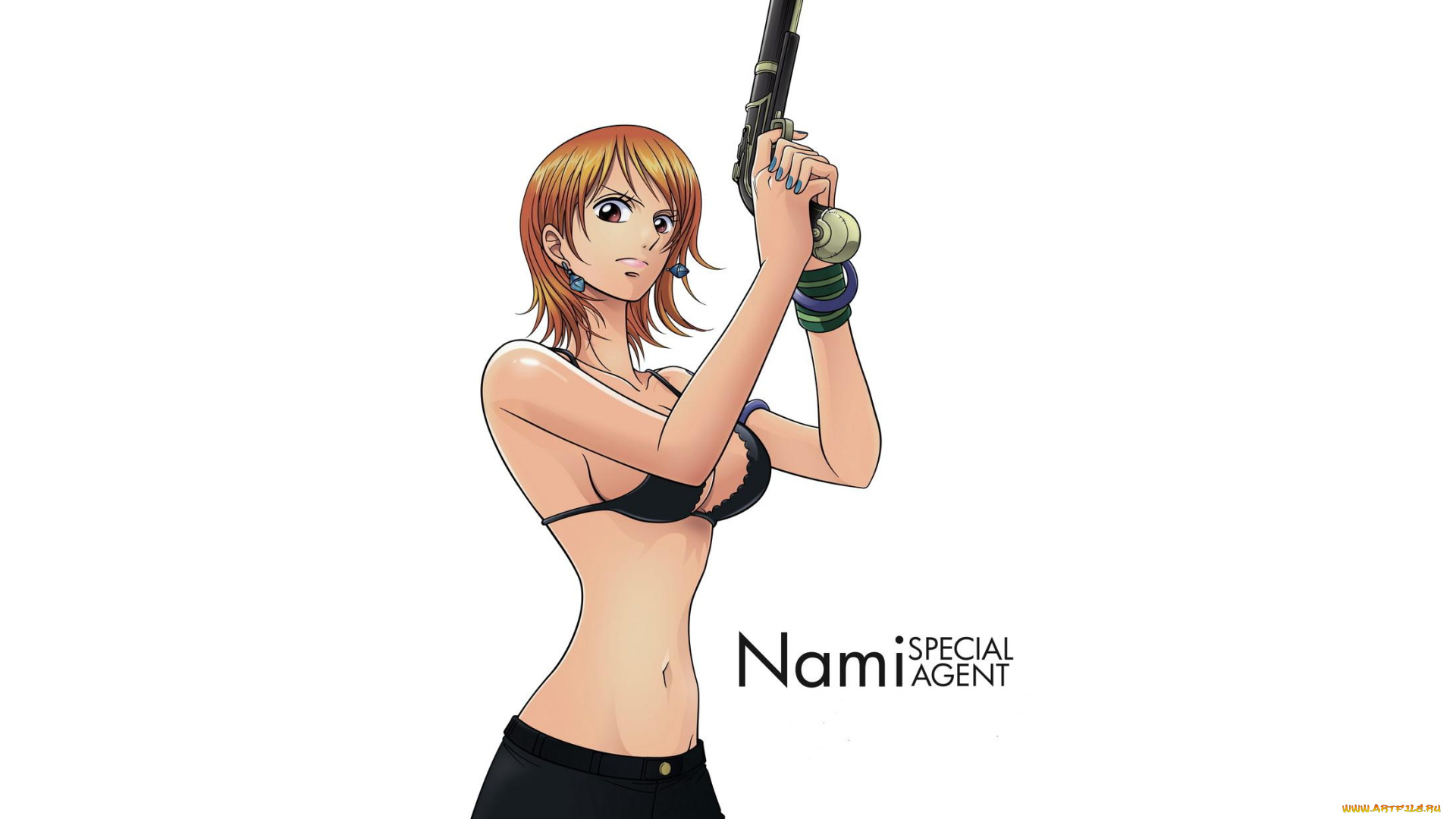 аниме, one, piece, браслет, нами, пистолет, девушка, брюки, белье