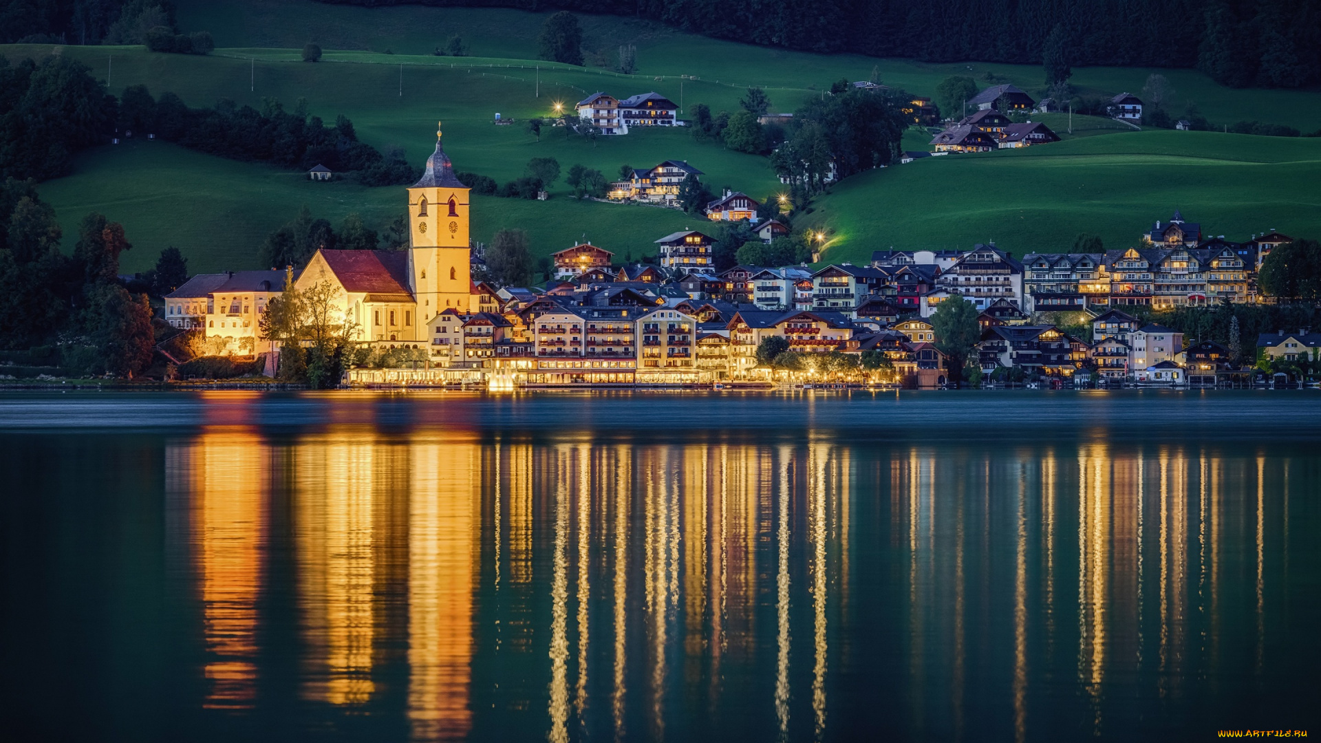 города, -, пейзажи, берег, огни, вечер, австрия, поля, река, природа, st, wolfgang, дома, деревья