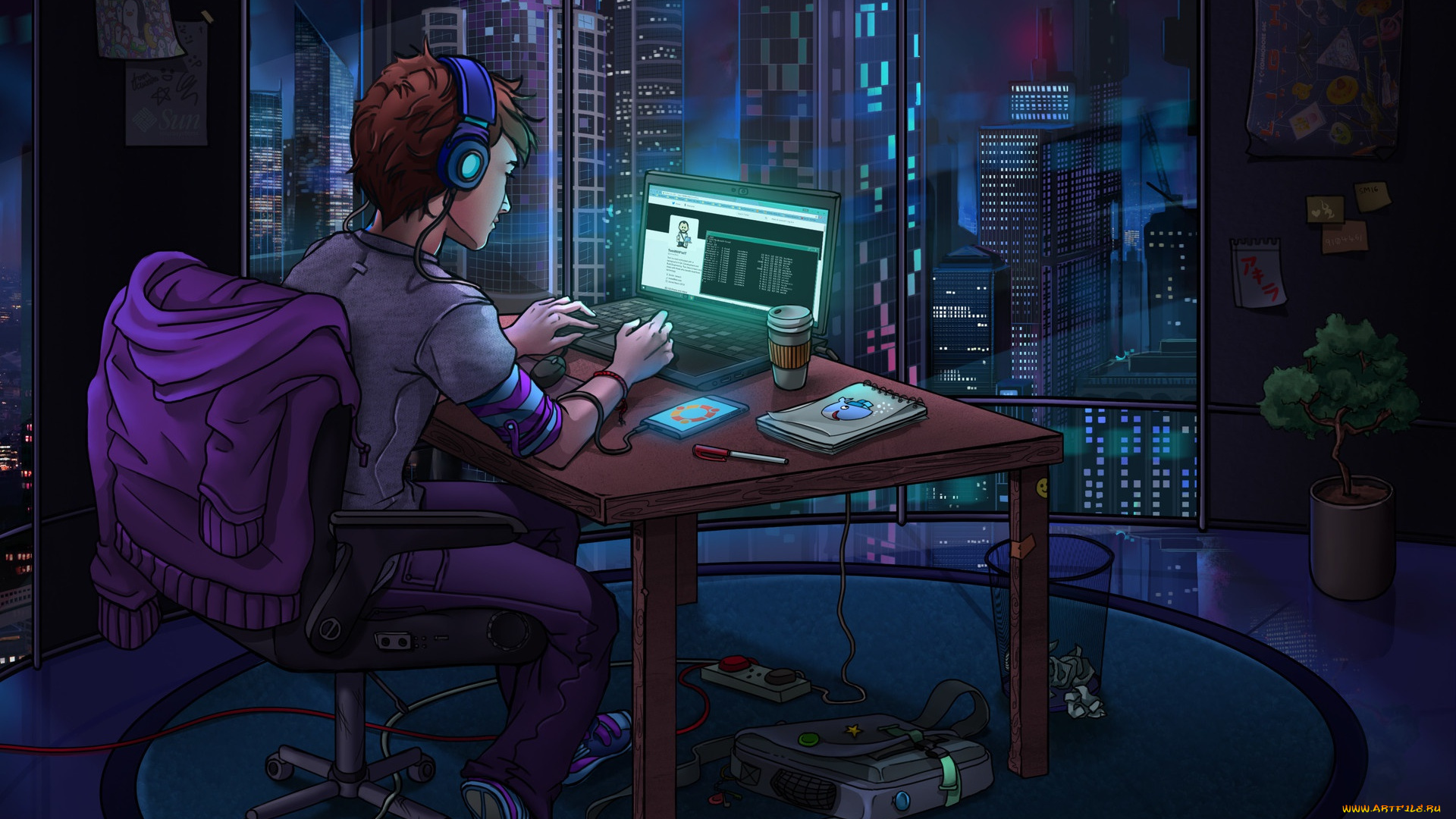 рисованное, комиксы, the, world, at, night, компьютер, помещение, хакер
