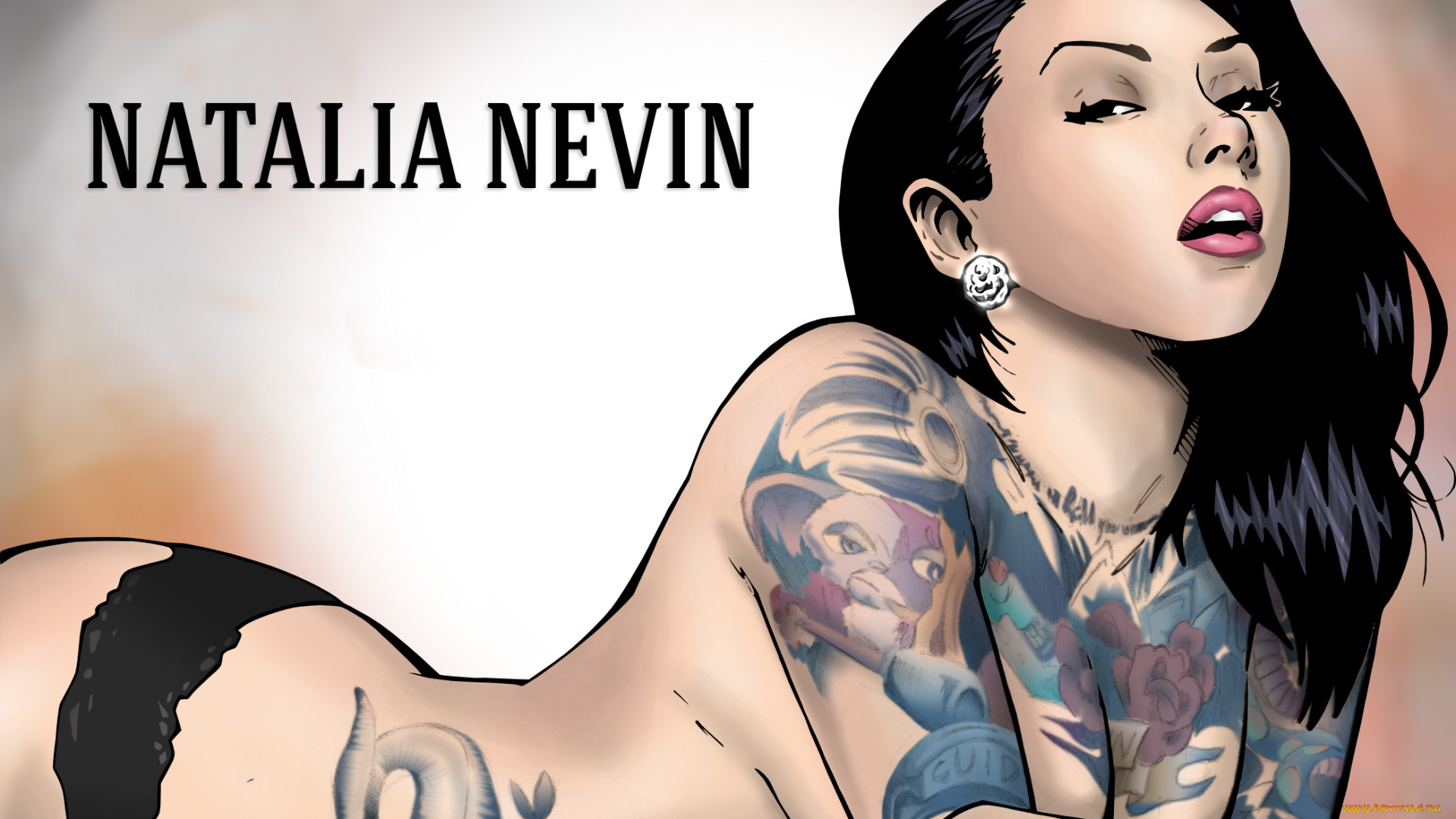 рисованное, люди, девушка, фон, взгляд, тату