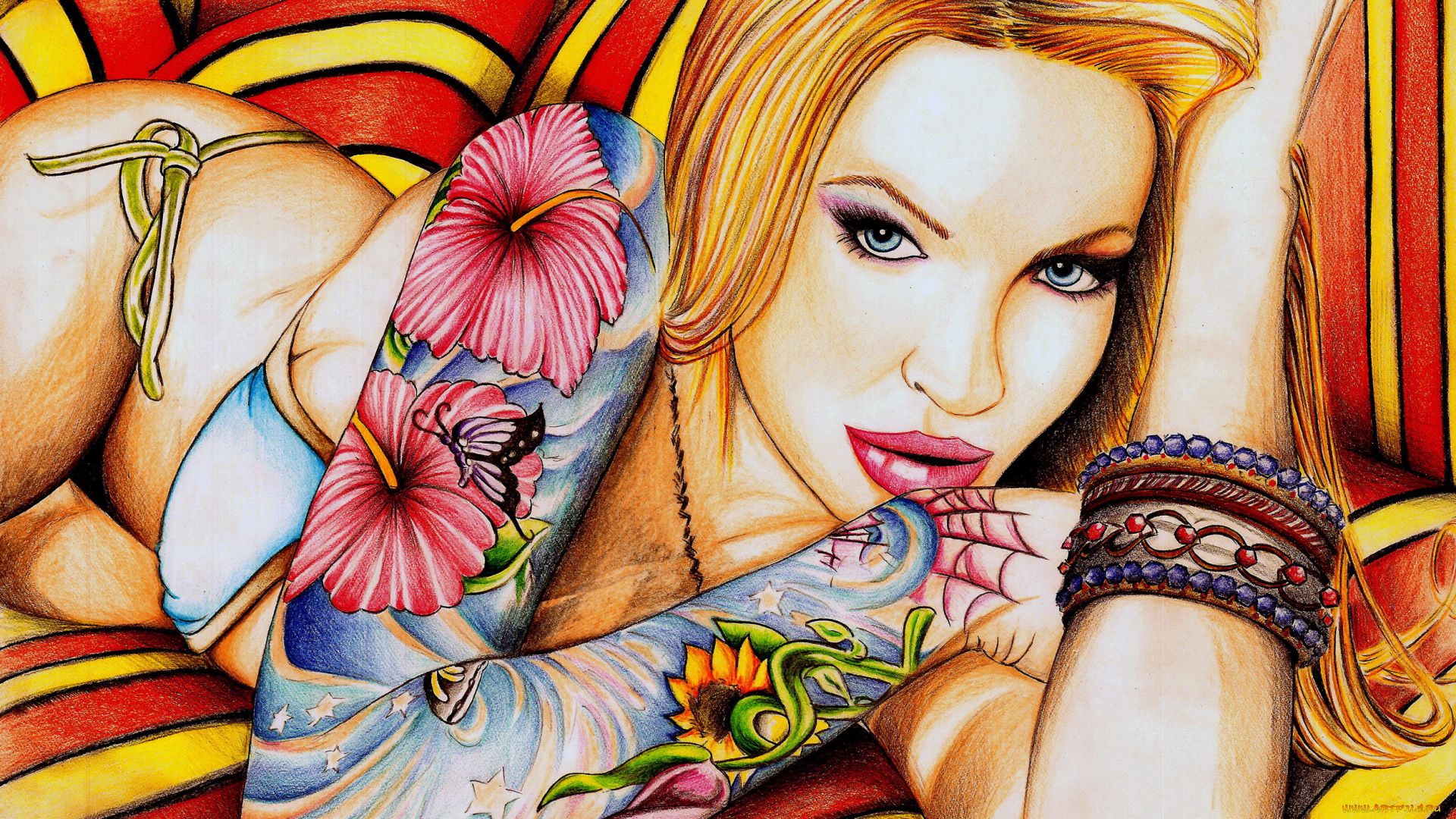 рисованное, люди, девушка, фон, взгляд, тату
