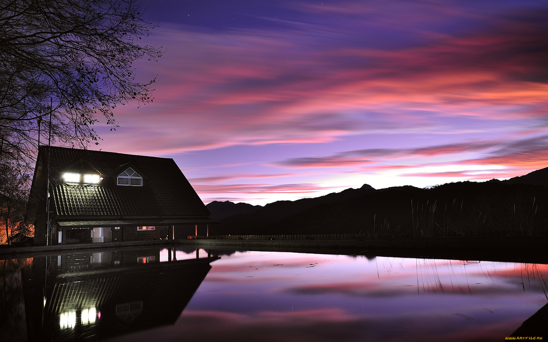 города, -, пейзажи, небо, свет, вечер, звезды, берег, домик, облака, закат, природа