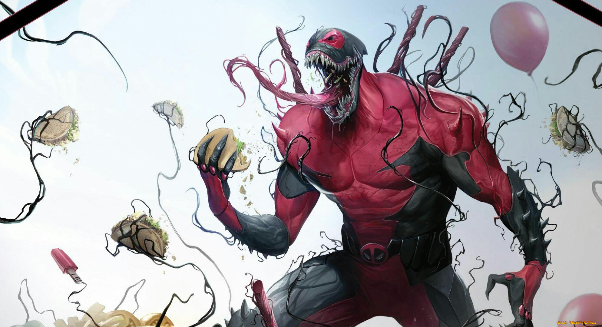 рисованное, комиксы, costume, комикс, костюм, дэдпул, marvel, deadpool, comics, шарики, шары, balls, симбиот, teeth, Язык, еда, food, зубы, symbiote, tongue, venom, марвел, веном