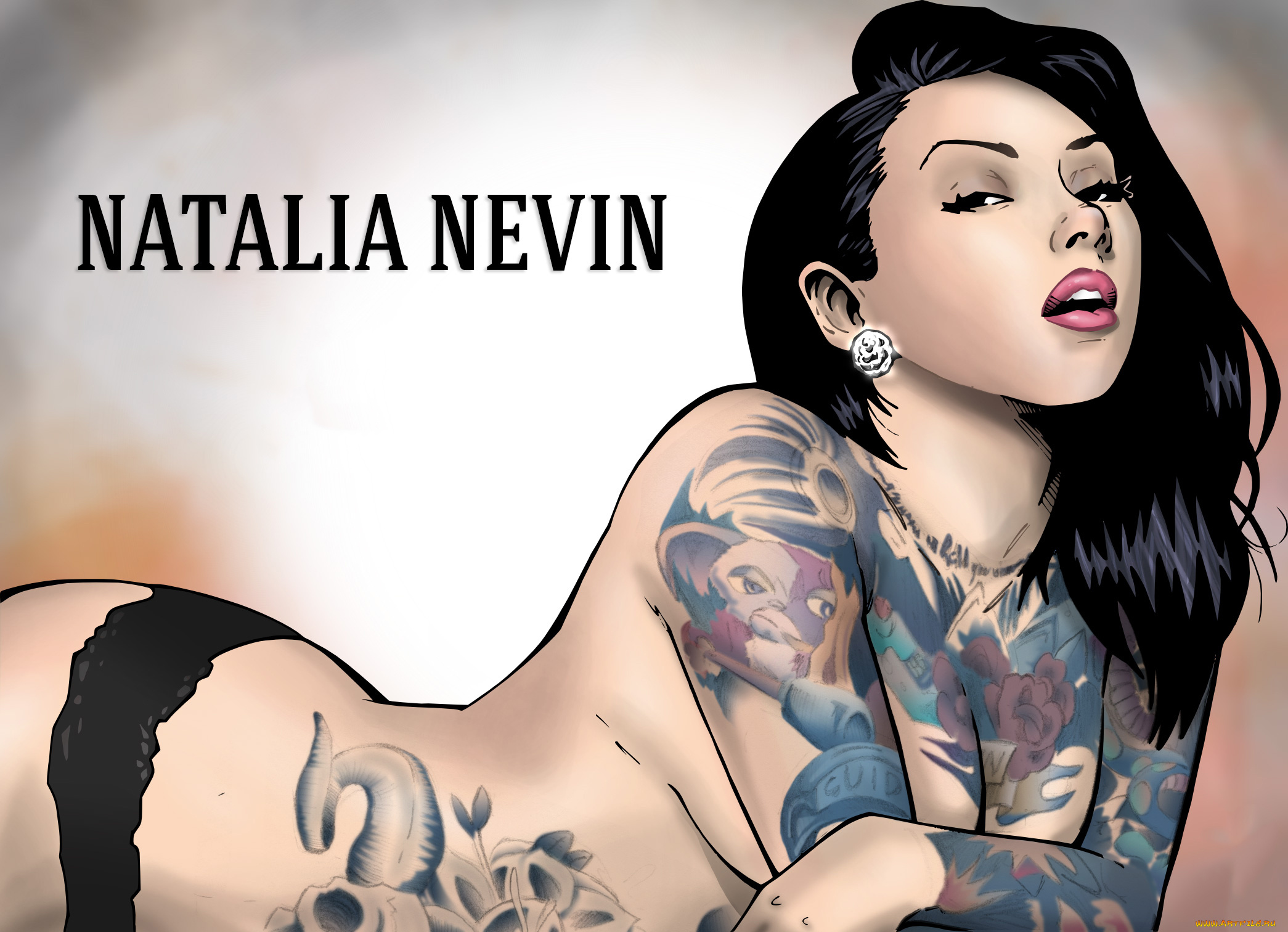 рисованное, люди, девушка, фон, взгляд, тату