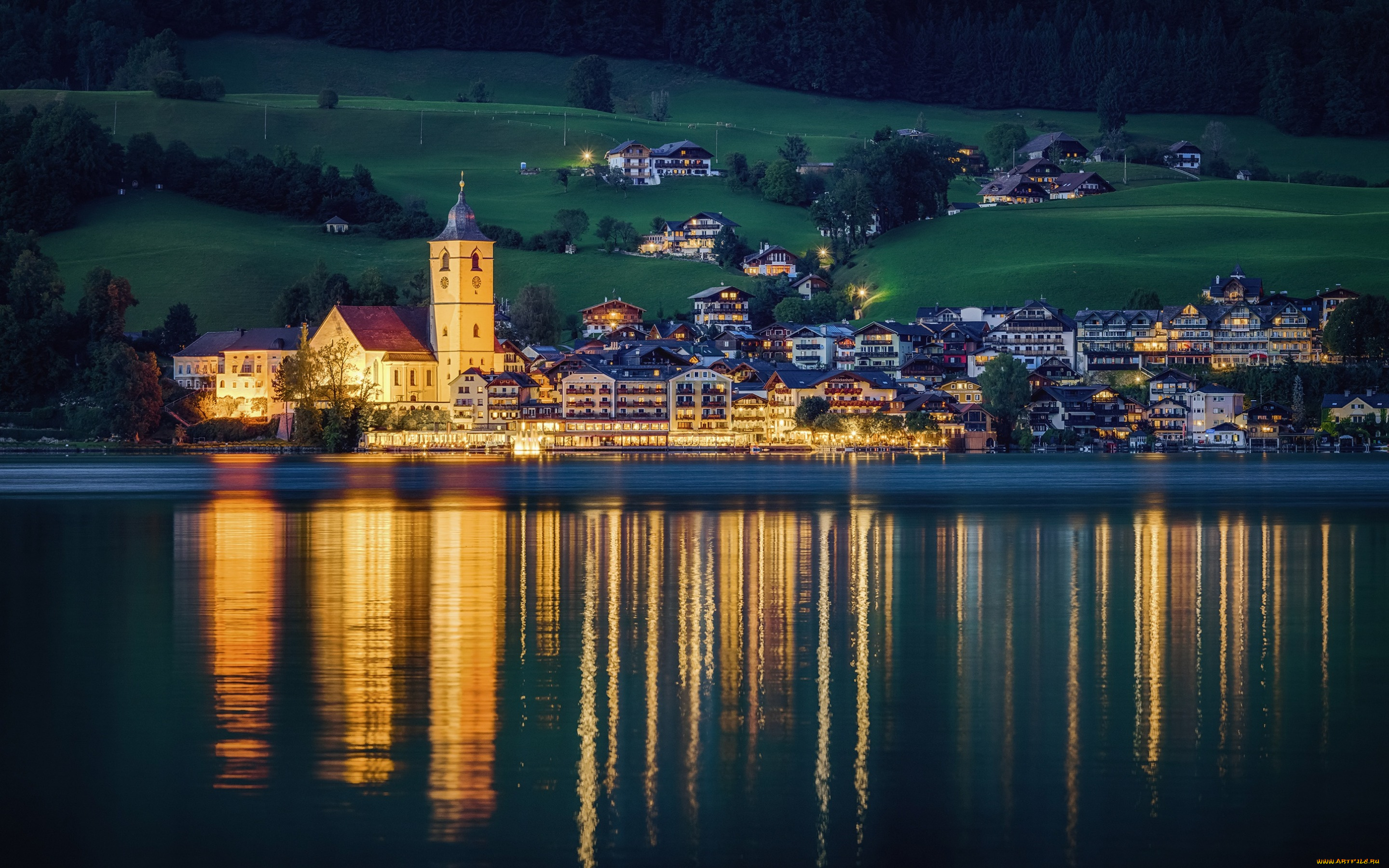 города, -, пейзажи, берег, огни, вечер, австрия, поля, река, природа, st, wolfgang, дома, деревья