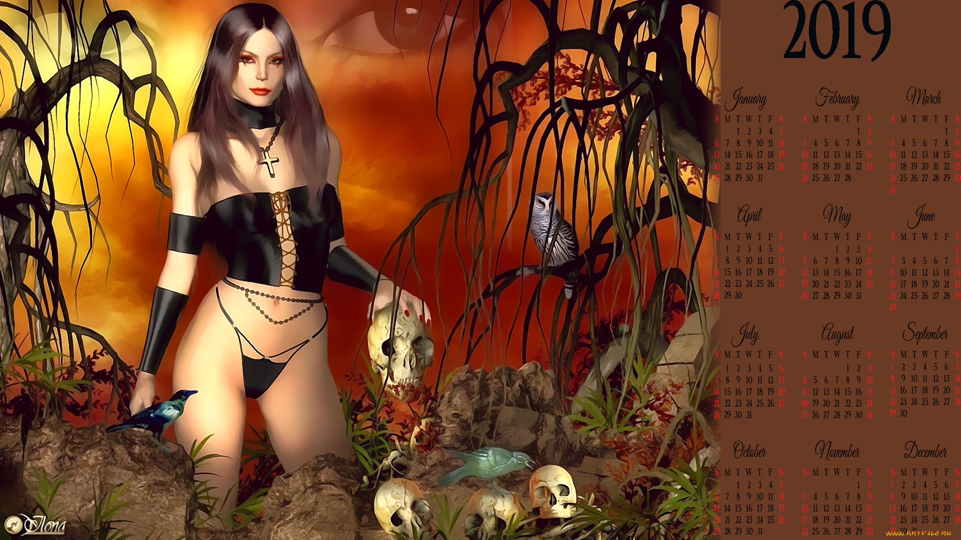 календари, 3д-графика, дерево, птица, череп, девушка