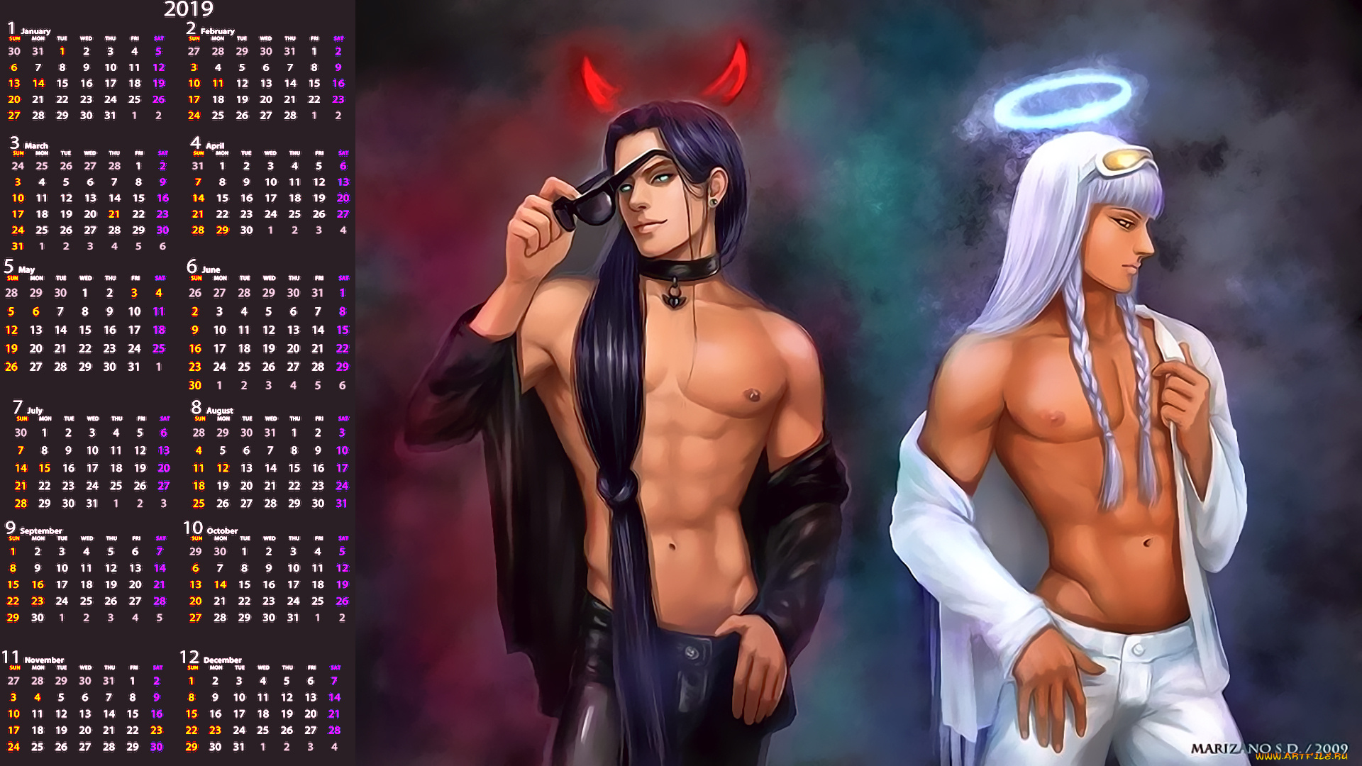 календари, фэнтези, косы, очки, нимб, рога, ангел, мужчина