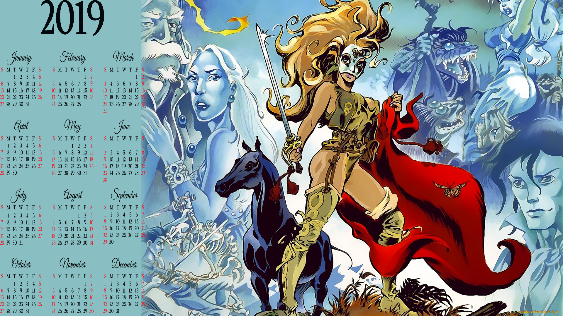 календари, фэнтези, лицо, люди, конь, лошадь, маска, девушка