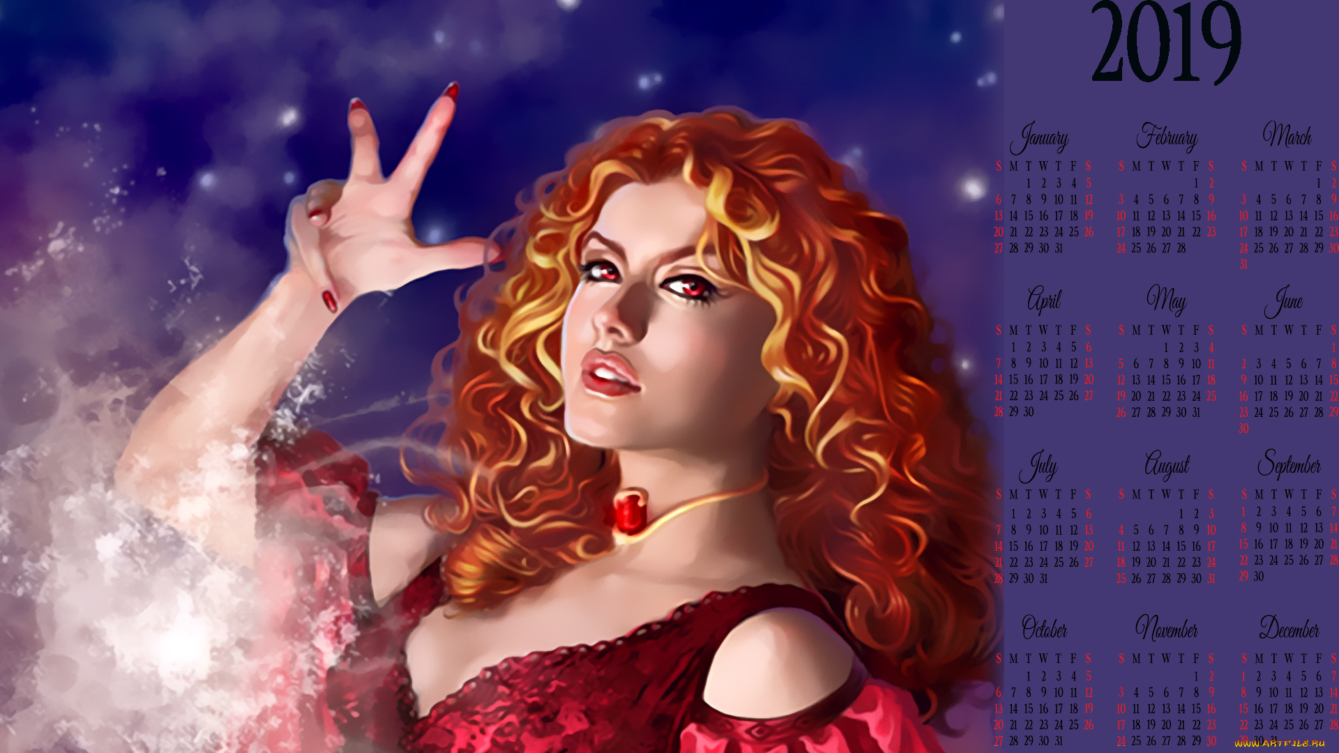 календари, фэнтези, взгляд, дым, рыжий, женщина