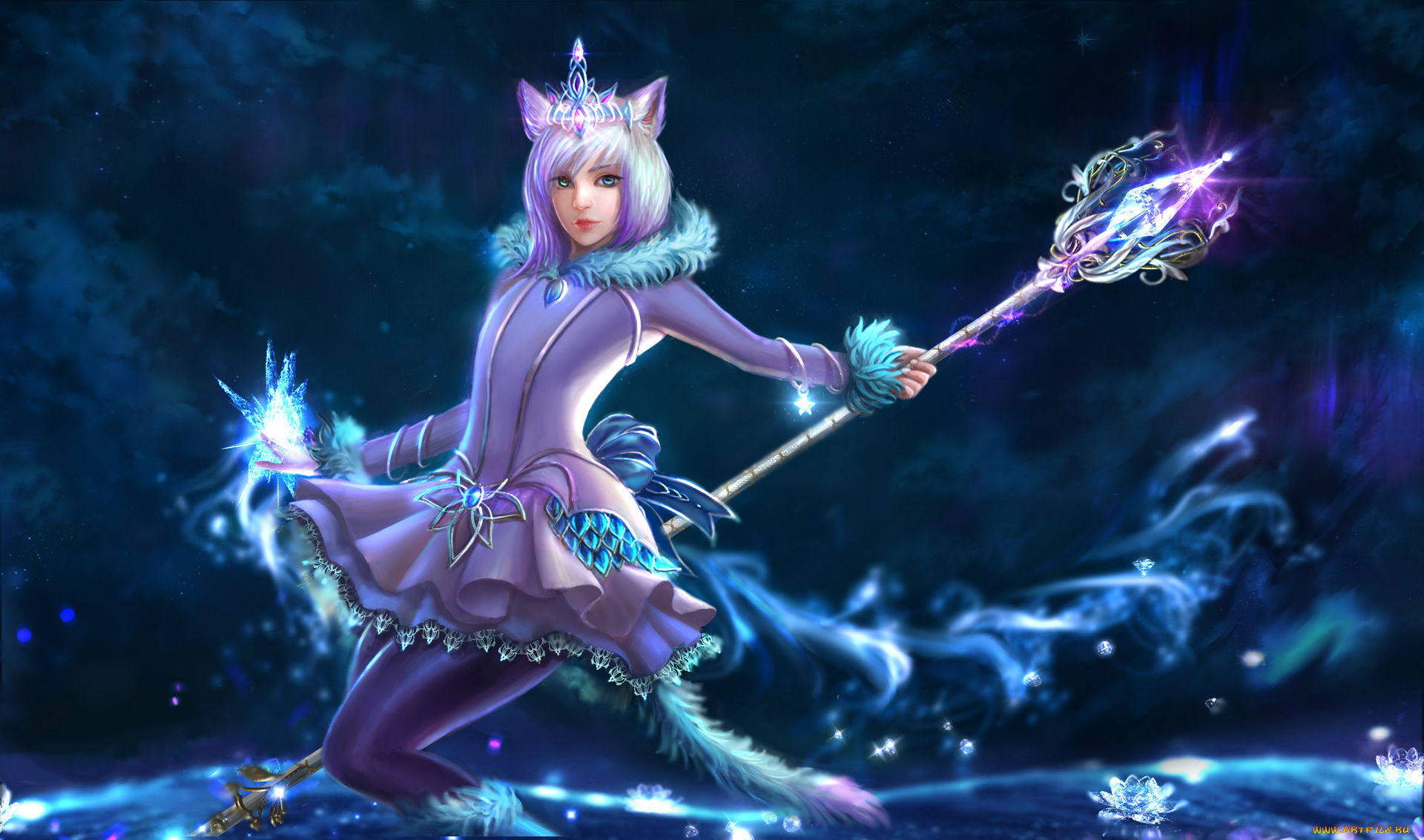 фэнтези, существа, посох, взгляд, фон, девушка