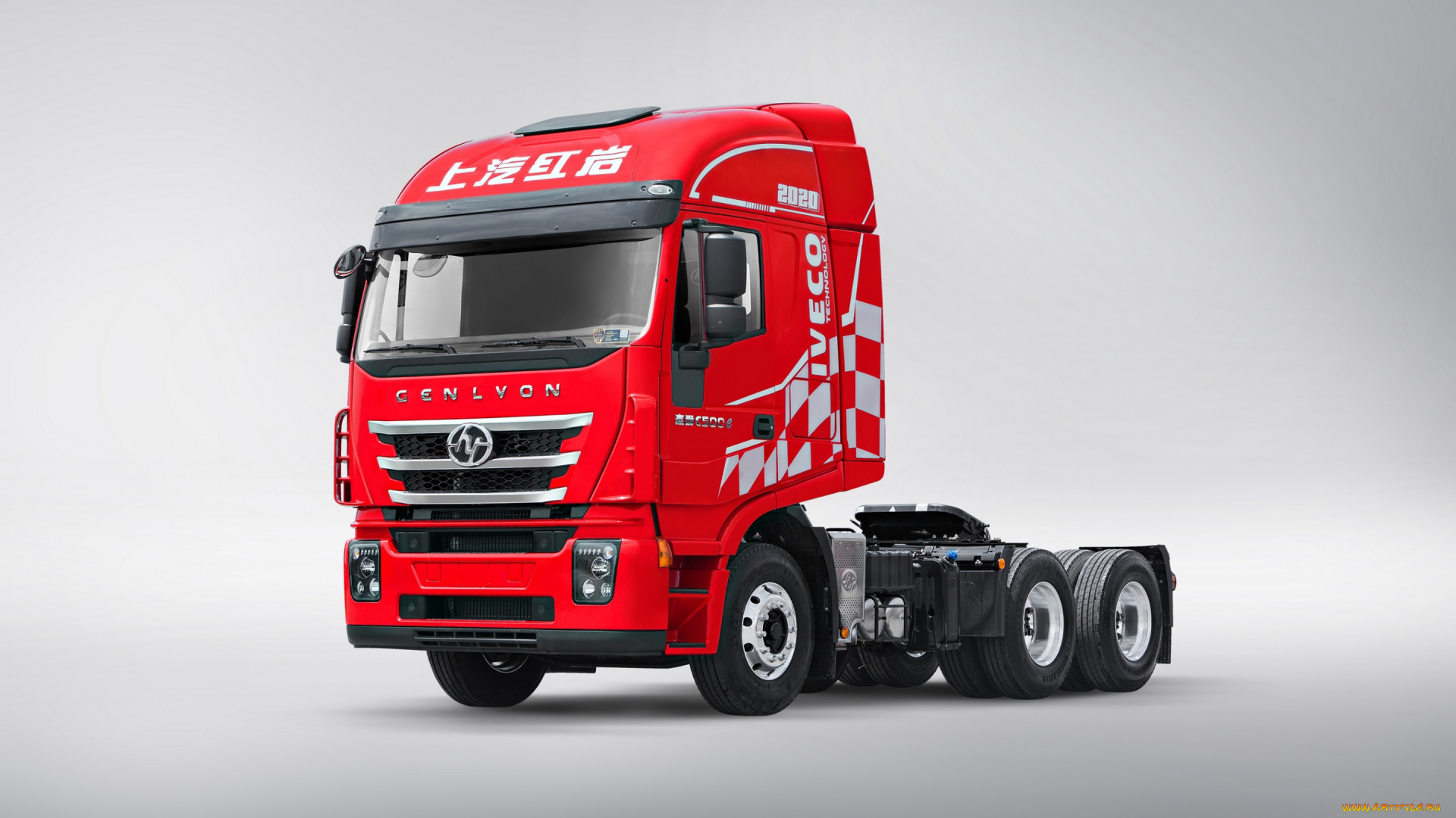 автомобили, грузовики, hongyan, genlyon, 350, 2020, c500, тягач, 4x2, вид, спереди, новый, красный, китайские