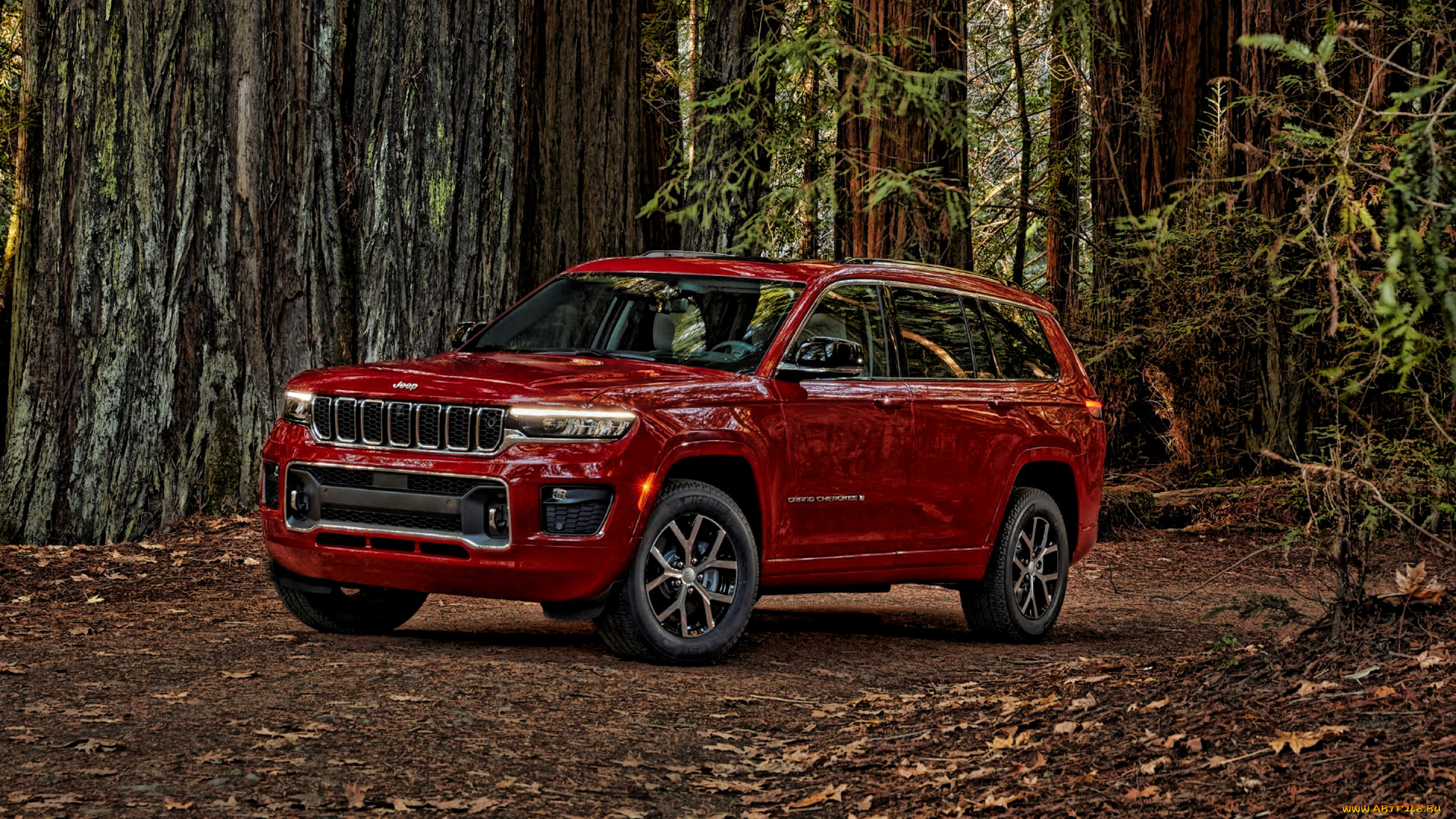 автомобили, jeep, 2021, grand, cherokee, l, вид, спереди, красный, внедорожник, новый, американские, джип, лес