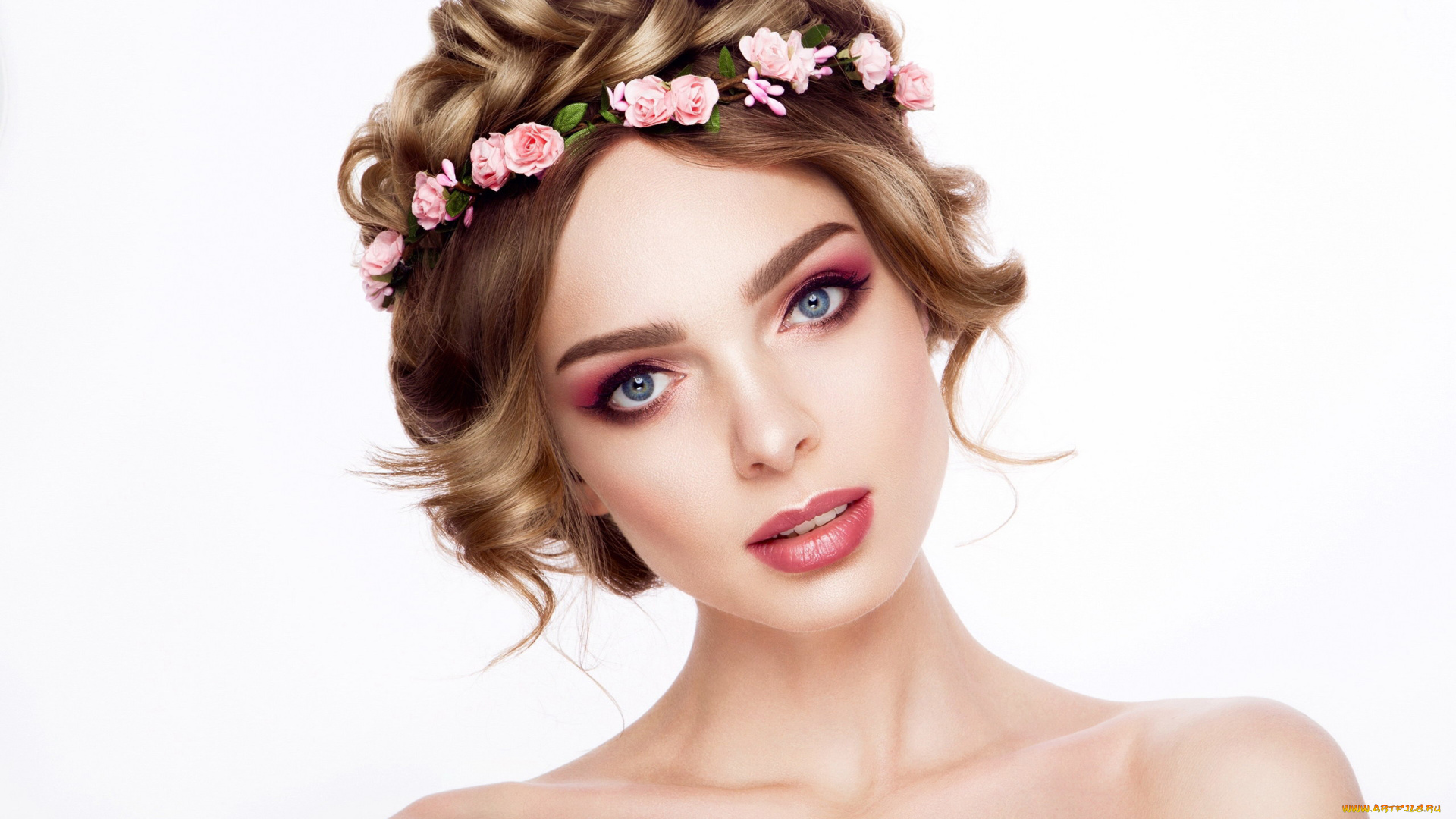 девушки, -, лица, , портреты, шатенка, макияж, венок