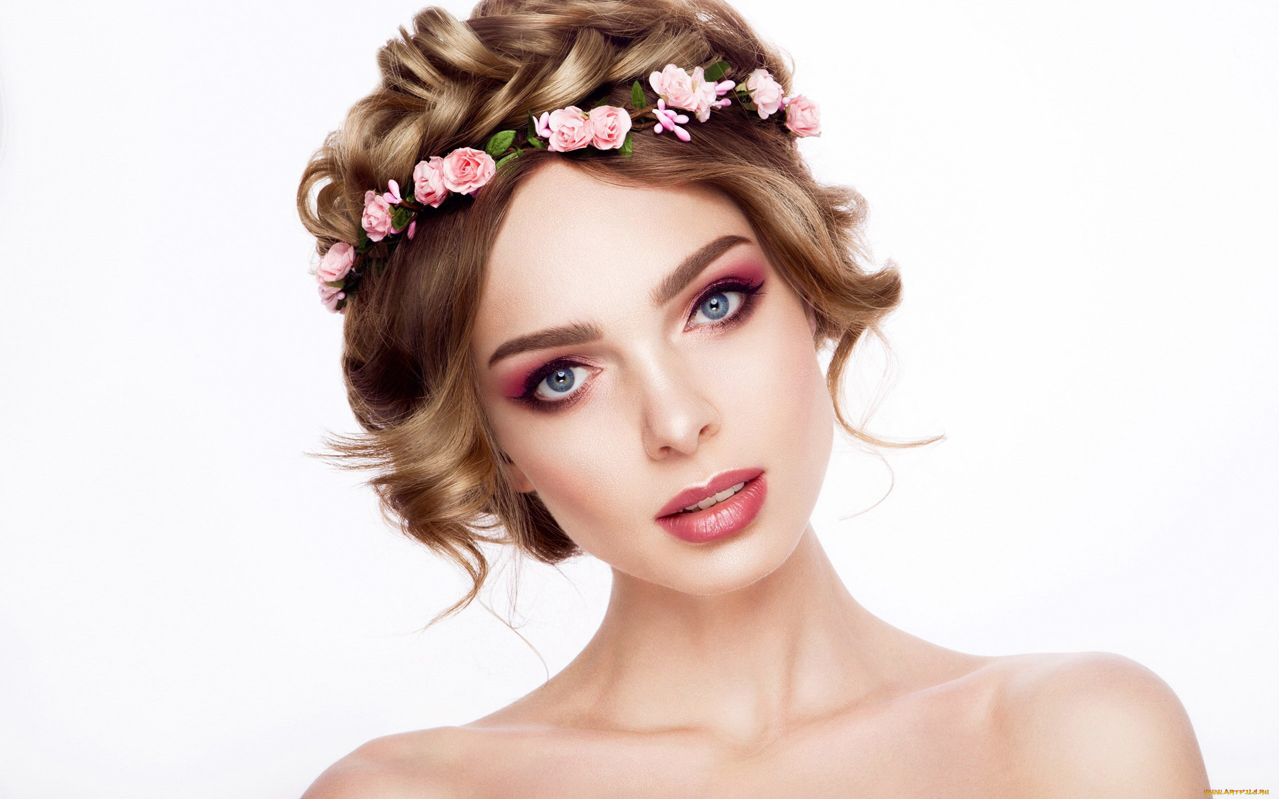 девушки, -, лица, , портреты, шатенка, макияж, венок