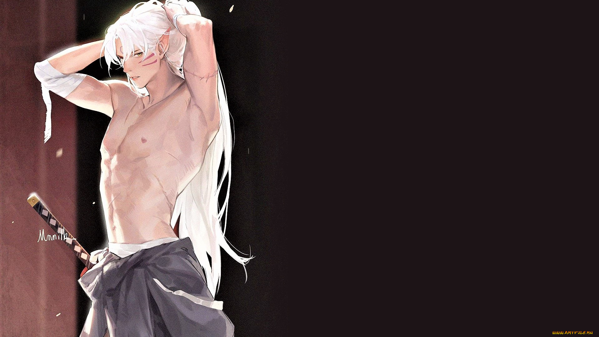 аниме, inuyasha, парень, эльф, бинт, меч, торс