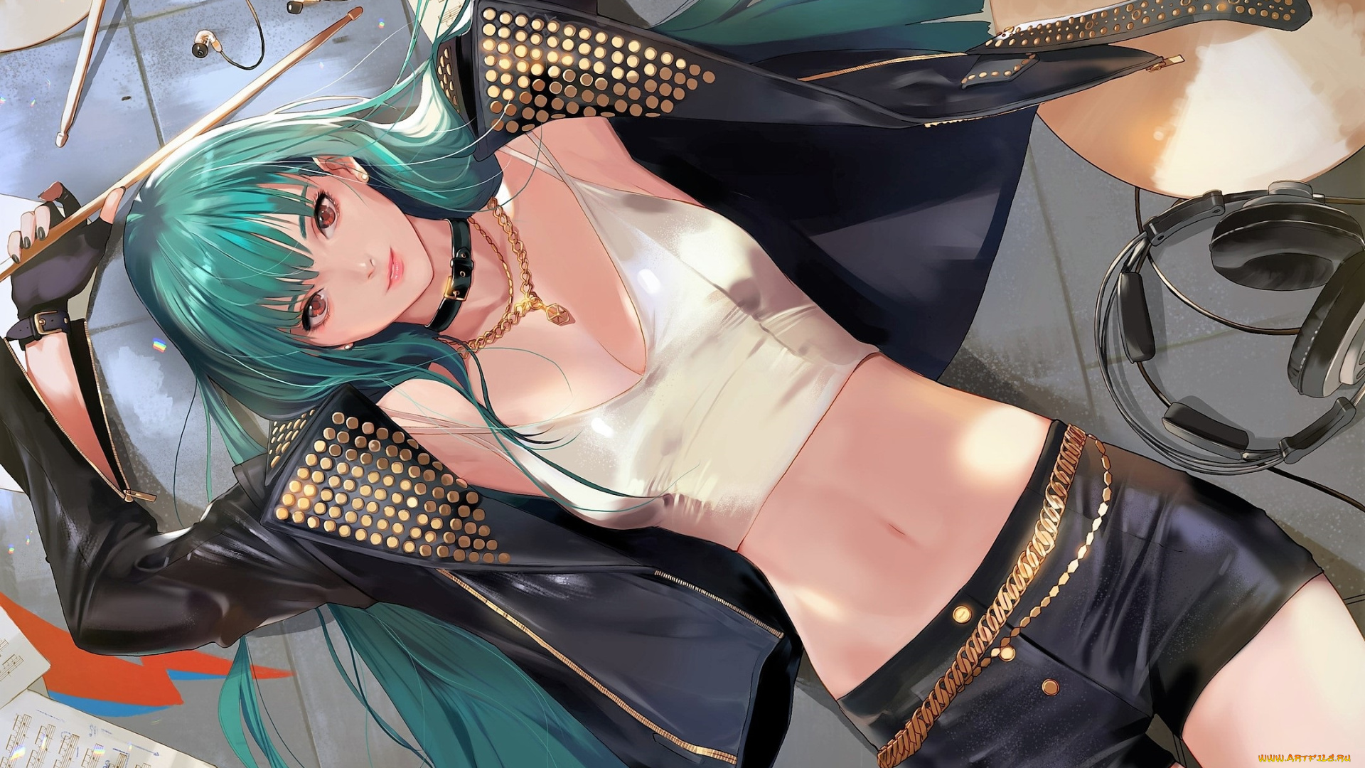 аниме, музыка, девушка, куртка, шорты, наушники, палочки